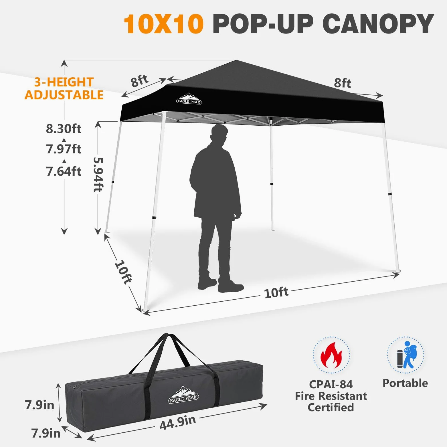 EAGLE PEAK Tienda de campaña desplegable con Patas inclinadas de 3 m x 3 m, toldo instantáneo para Exteriores, fácil instalación, Refugio Plegable, Color Negro