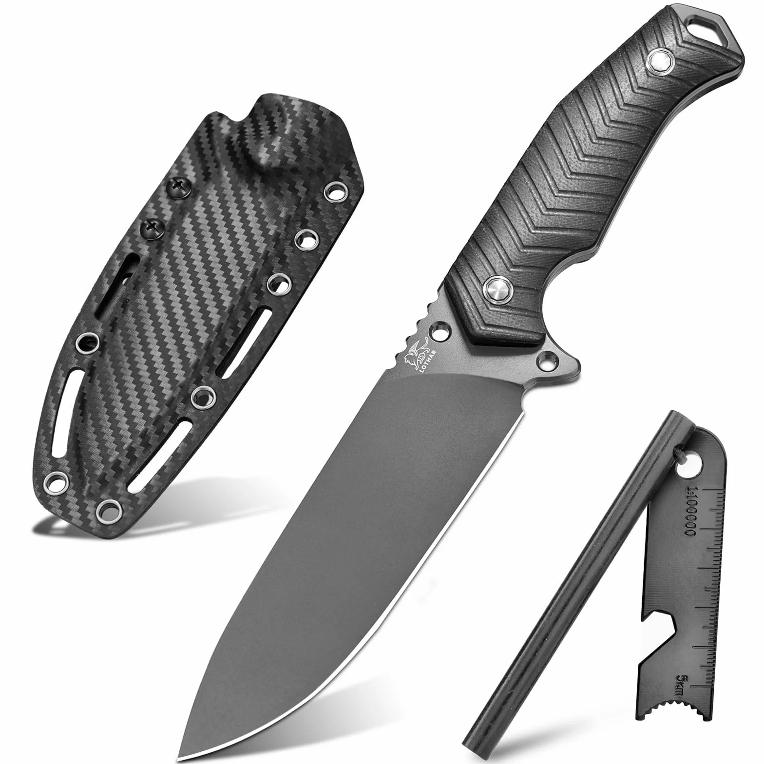 LOTHAR BAT Cuchillos de Hoja Fija, Couteau D'extérieur de Survie en Acier D2 avec Poignée en G10 et Étui Kydex, Idéal pour les Amateurs de Couteaux de Chasse en Plein Air
