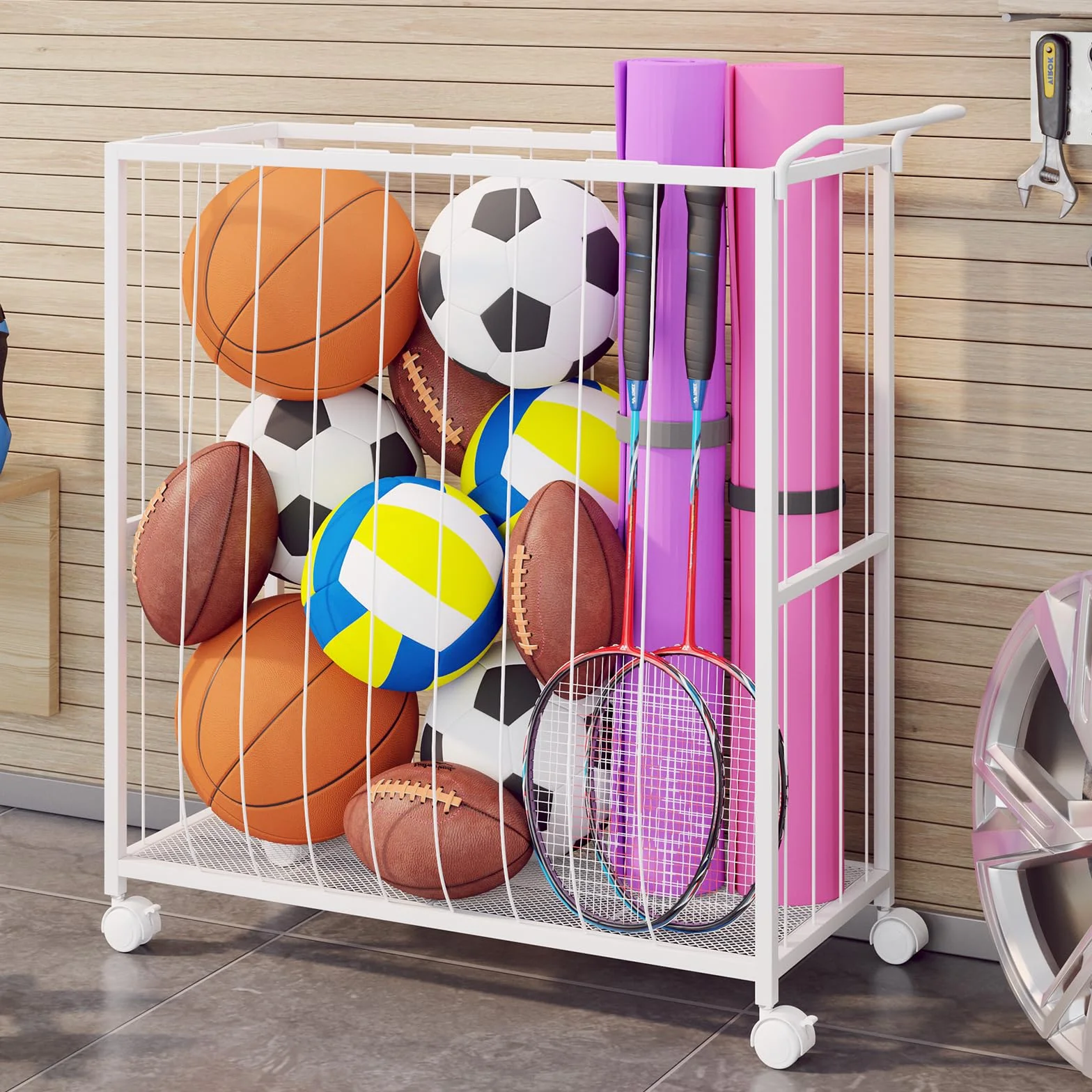 Homsorout Cesta de almacenamiento de bolas, carrito deportivo organizador de metal para garaje y gimnasio