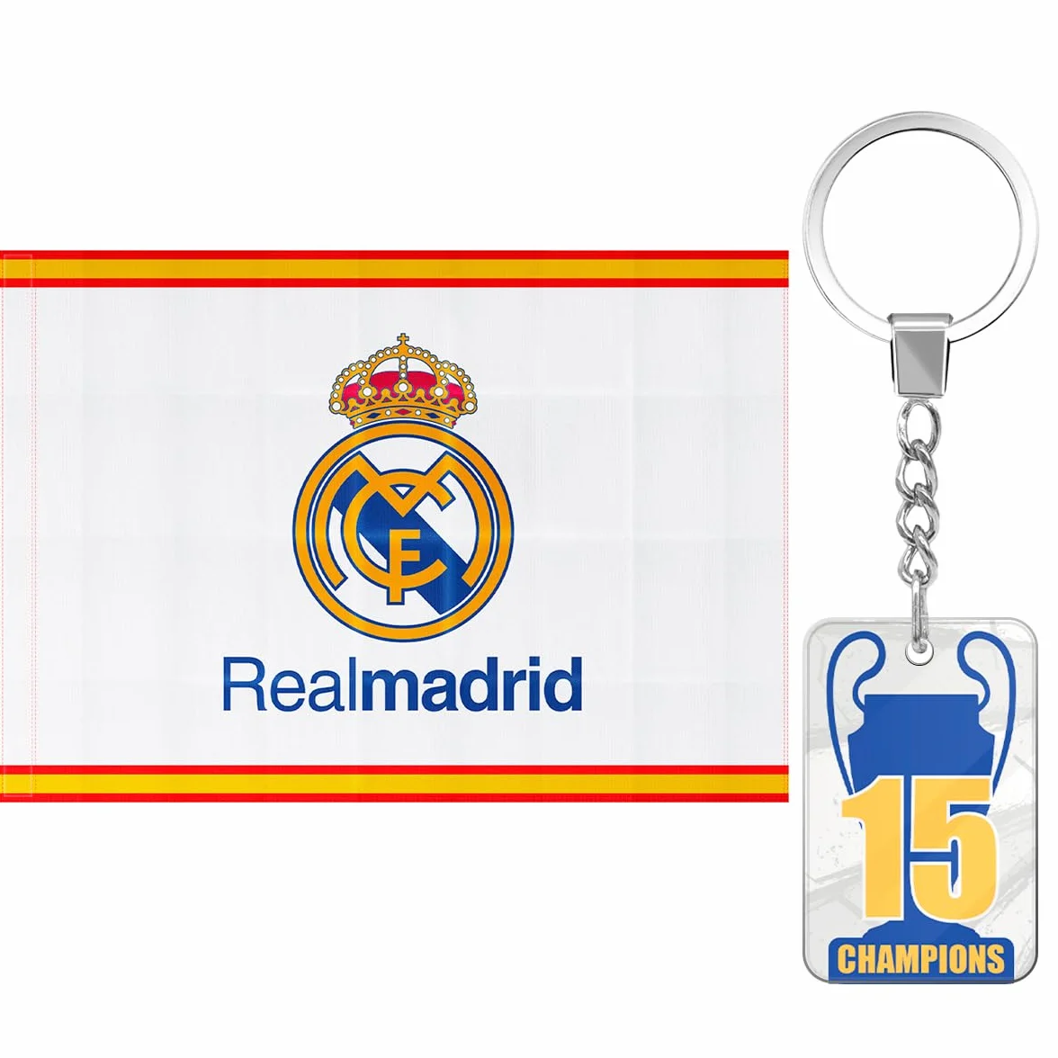 Bandera oficial del Real Madrid Club de Fútbol + Llavero 15 Champios | 150 x 100 cm - Escudo del Real Madrid y borde con colores de España | Producto Oficial
