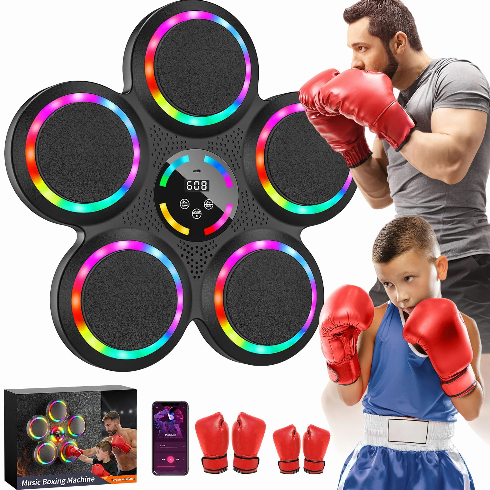 IERAKOR Máquina de Boxeo Musical de Pared con Bluetooth, 2 Pares de Guantes, 9 Modos, Luz de Color, Contador de Puntos