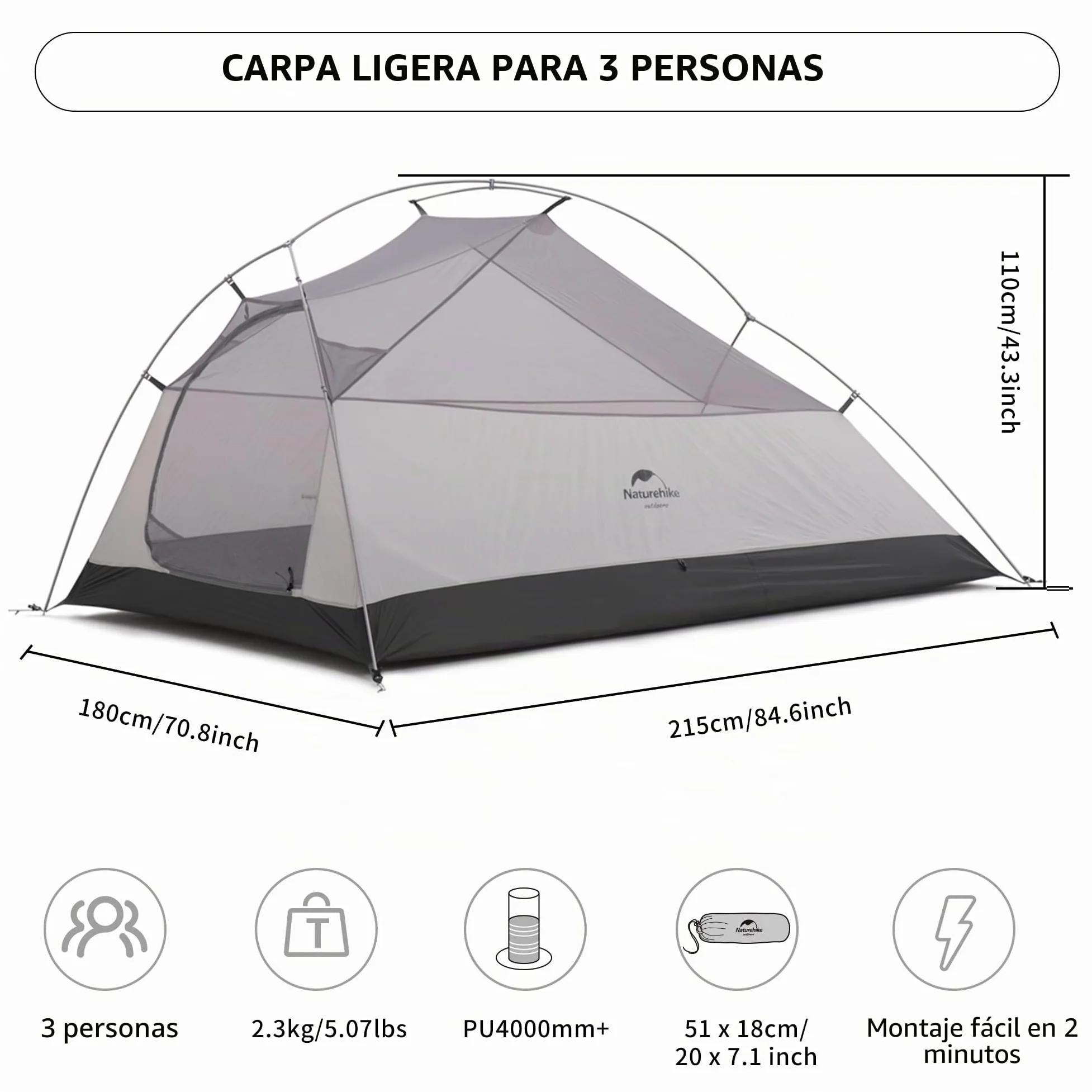 Naturehike Cloud-up Ultraligero 3 Persona Tienda de campaña Impermeable Doble Capa Camping Tienda de campaña (20D Azul Oscuro Actualizar)