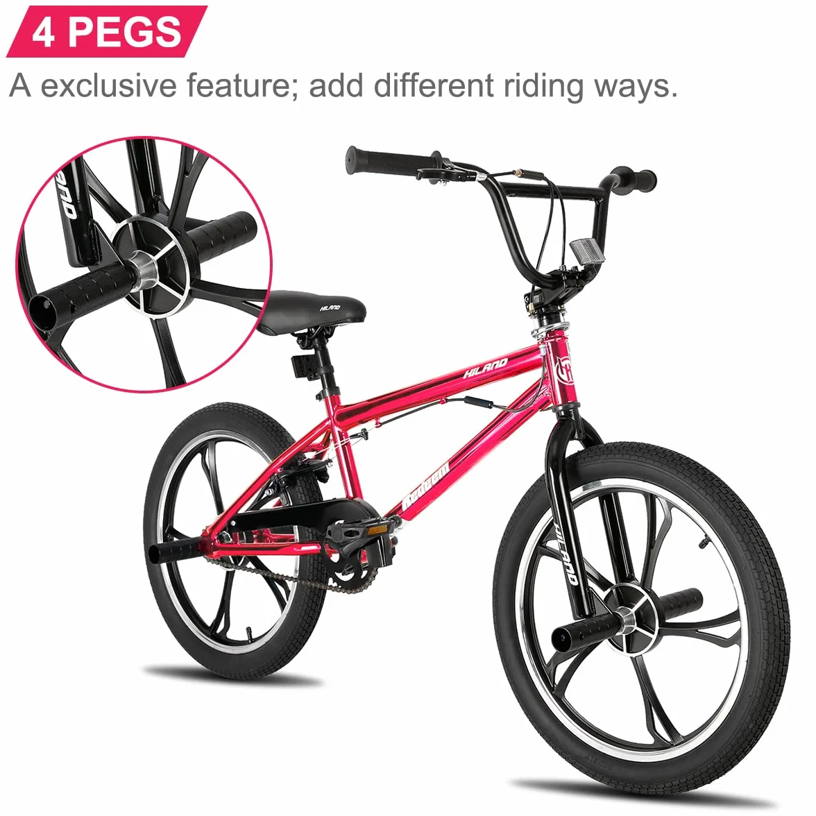 HILAND Bicicleta BMX Infantil de 20 Pulgadas, 5 radios,con Giro de 360 ​​Grados y 4 pegs，para niños y niñas a Partir de 7 años,para Principiantes y avanzados - Rojo