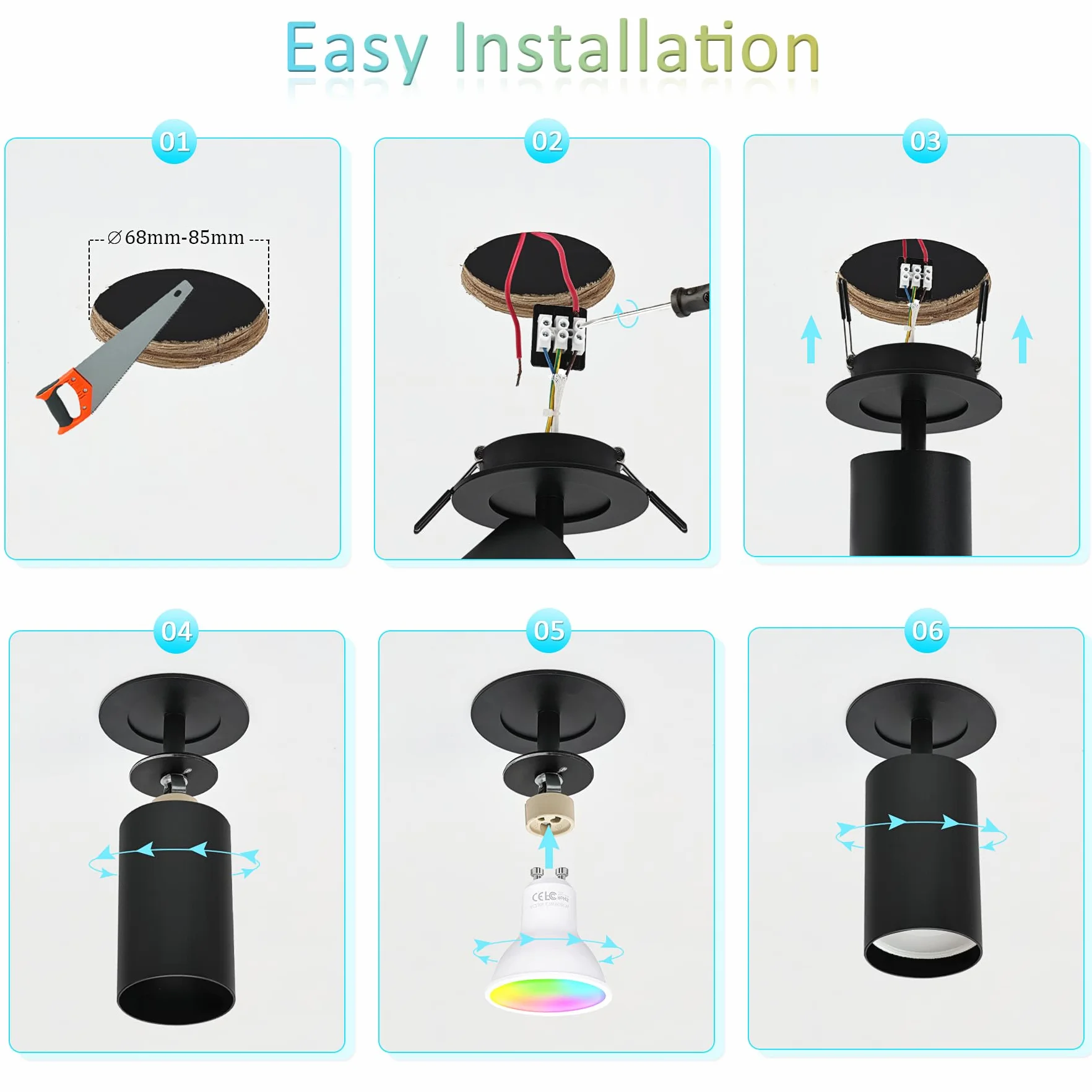 GU10 Lámpara de Techo Negra LED Orientable Giratoria con Anillo Extraíble