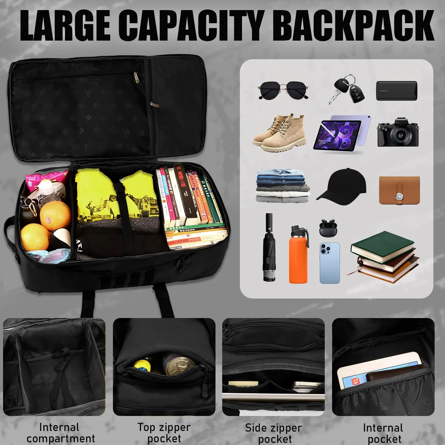 mochila táctica de viaje 60 L militar Molle bolsa de equipaje Maleta senderismo camping al aire libre mochila (cubierta y parche incluidos), negro