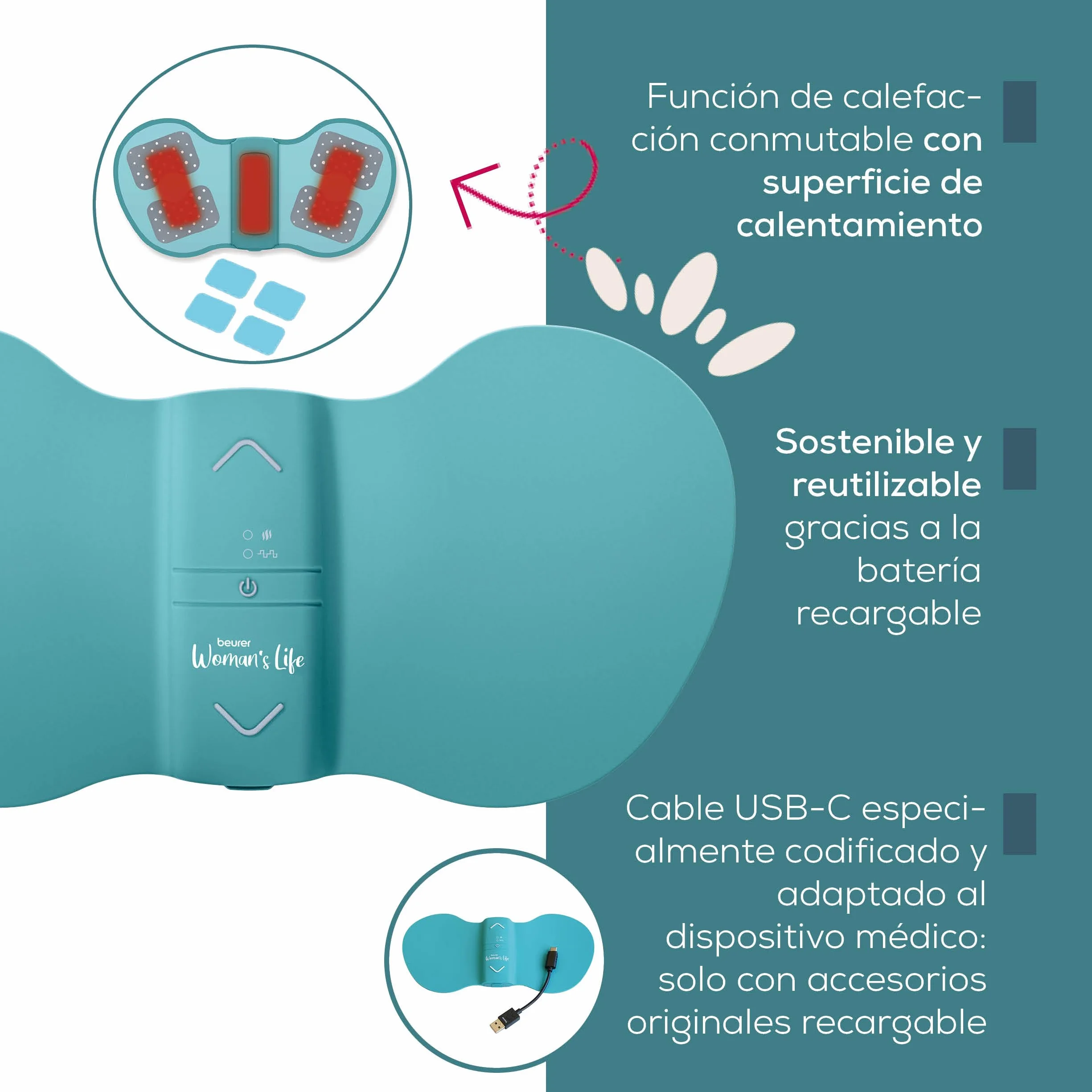 Beurer EM 55 Menstrual Relax+ TENS calor batería recargable dolor menstrual endometriosis turquesa
