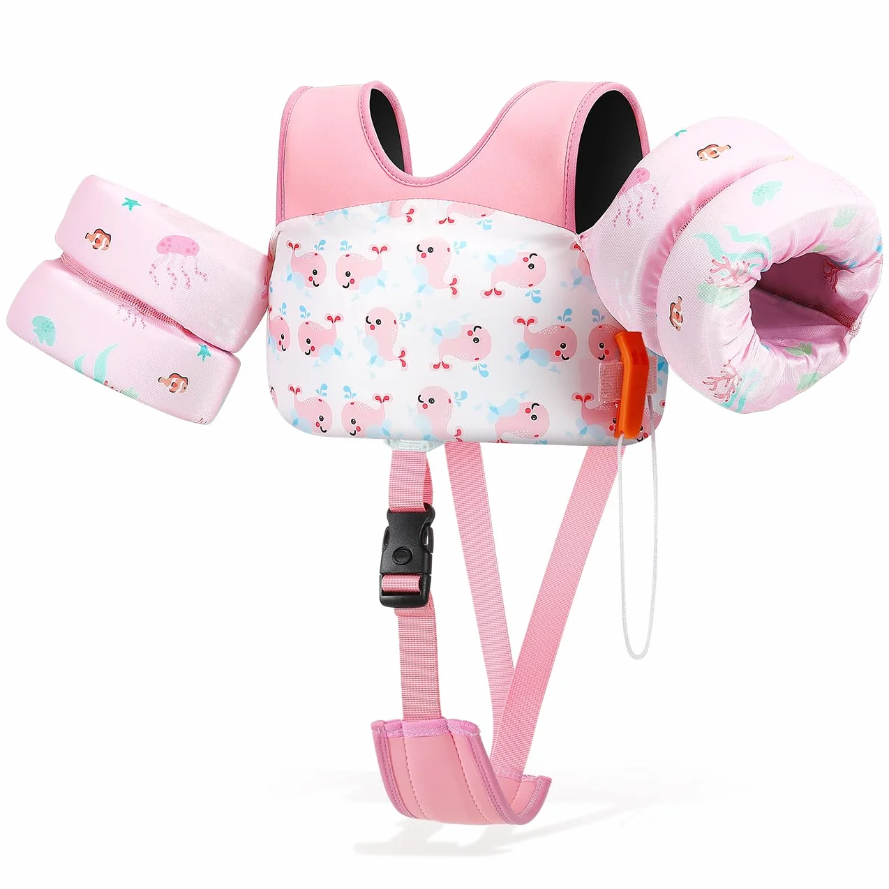 HeySplash Chaleco de Natación para Niños, Traje de Baño Flotante con Correa Ajustable para Pequeños de 6-15kg Aprender a Nadar, Flotador de Brazo de Piscina con Silbato, Ballena Rosa
