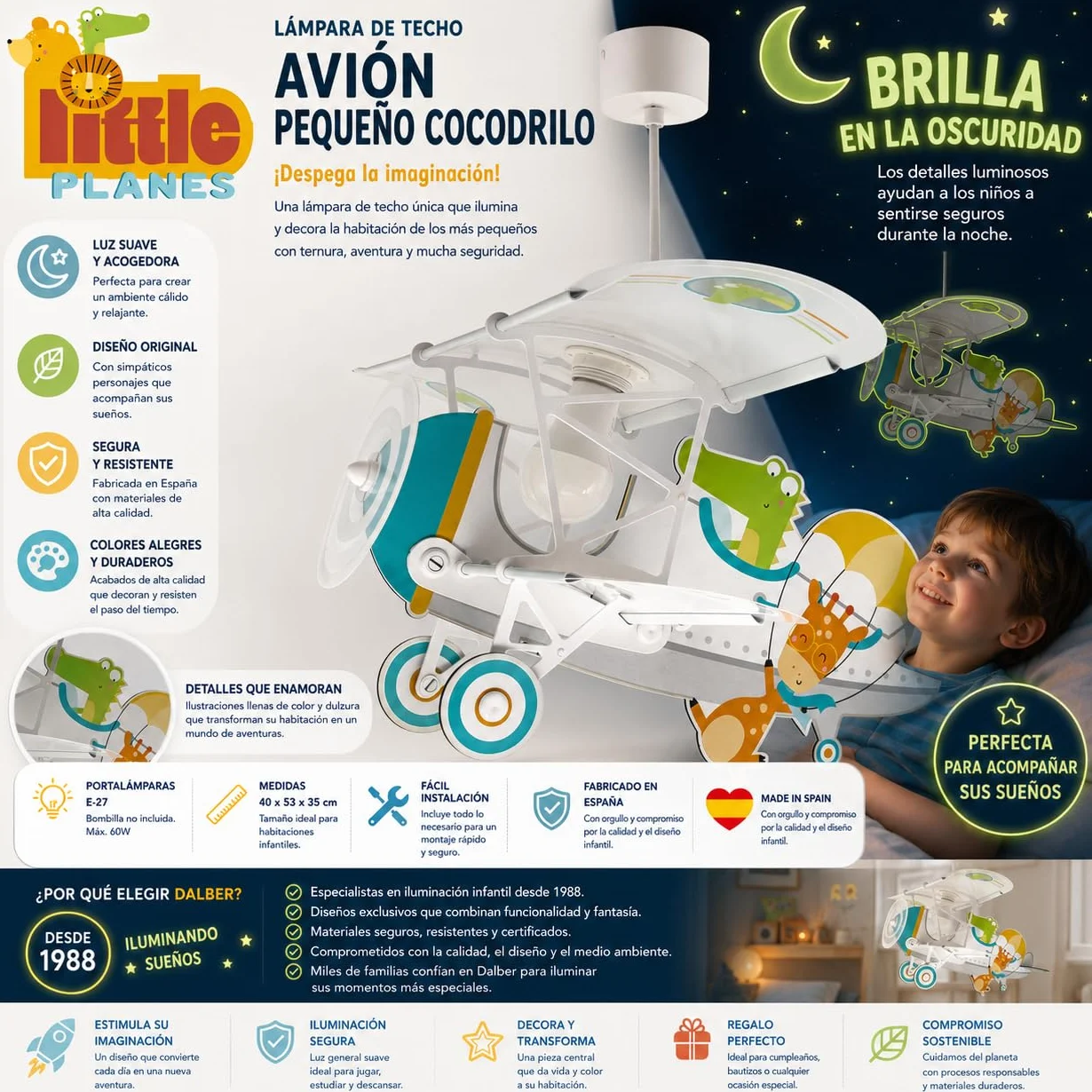 Dalber Lámpara Techo Colgante Infantil Avión Cocodrilo Blanco E27 15W