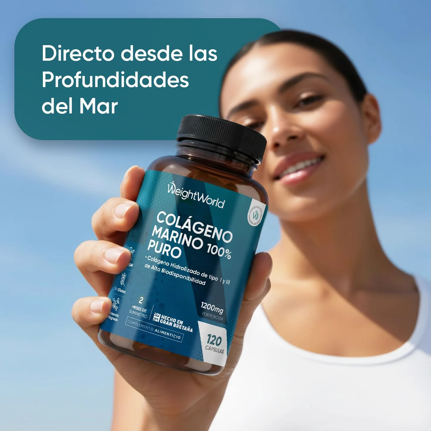 Colágeno Marino Hidrolizado 100% Puro 1200 mg - 120 Cápsulas de Péptidos de Colágeno de Pescado Hidrolizado Tipo I y III