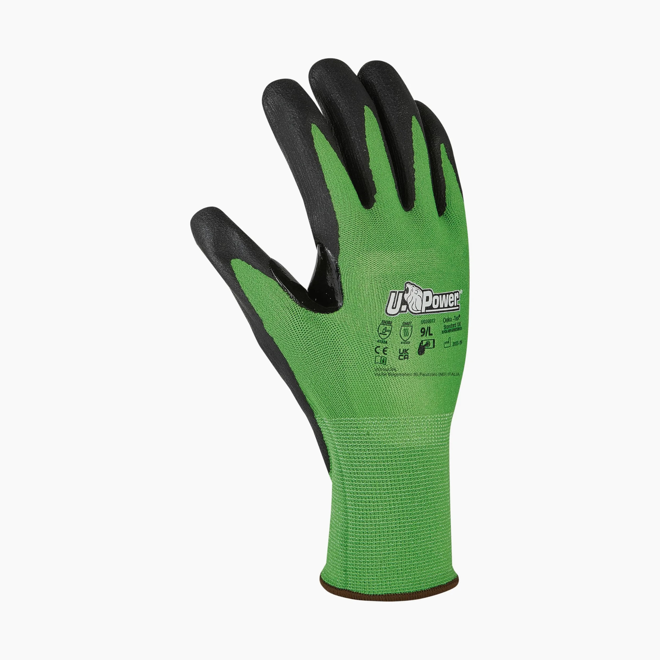 U Power Kalix Guantes de Trabajo de Seguridad Soporte de Poliéster y Spandex Recubrimiento de Nitrilo Reciclado Resistencia a la Abrasión Protección de Riesgos Térmicos Mecánicos Verde 7/S 12 Pcs