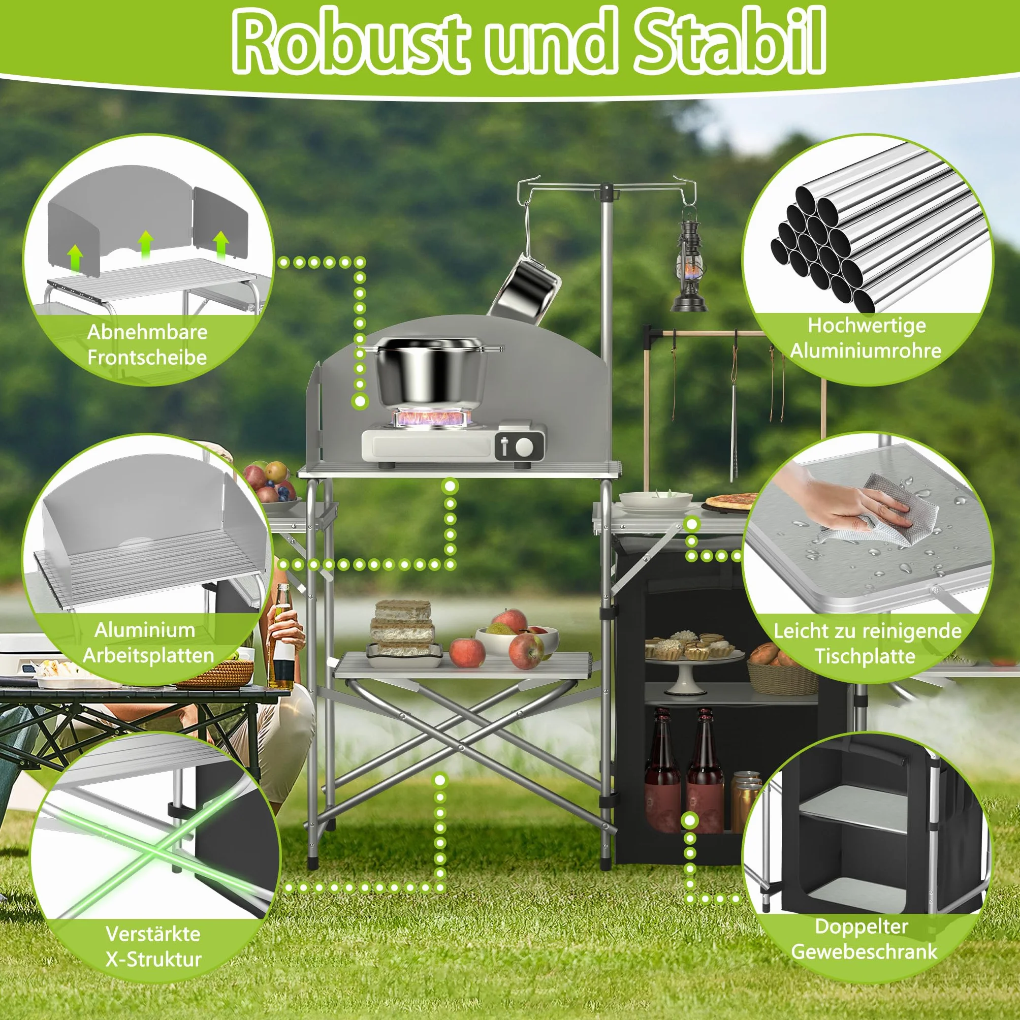 Froadp Cocina de camping plegable con armario de camping, protector de viento y soporte de lámpara ajustable, muebles de camping y cocina de viaje portátil, incluye bolsa de transporte para camping,