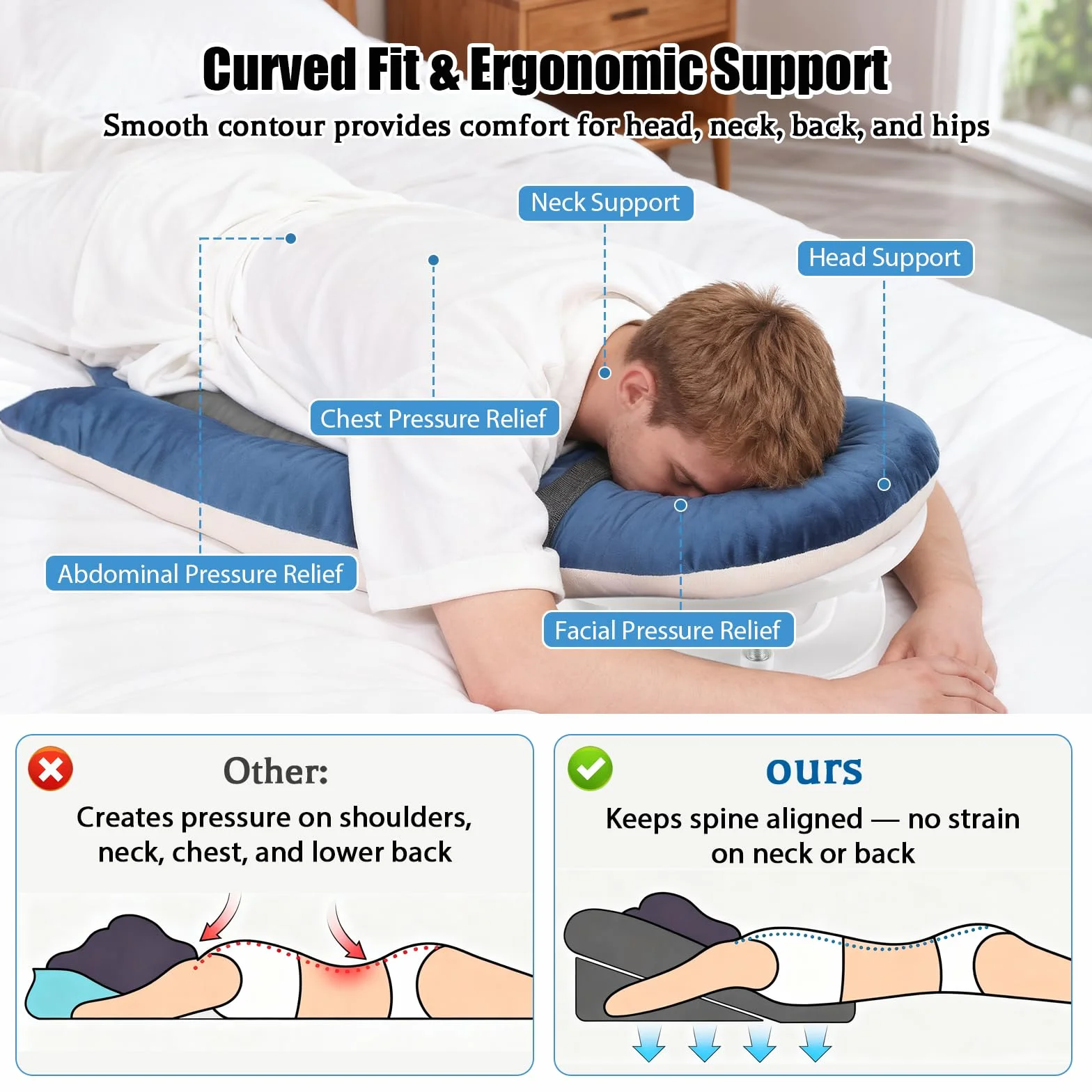 JAOGAUS Almohada Facial para Dormir Boca Abajo, Cojín Ergonómico con Memory Foam, Reposacabezas Ajustable