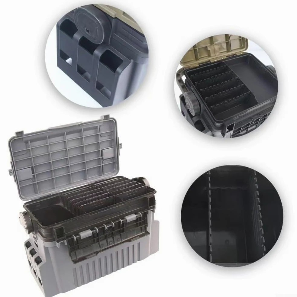 Caja de aparejos de pesca con asiento, almacenamiento multicapa de gran capacidad para señuelos y cebos, compartimentos ajustables, funda portátil para equipo de pesca en el mar con correa para el