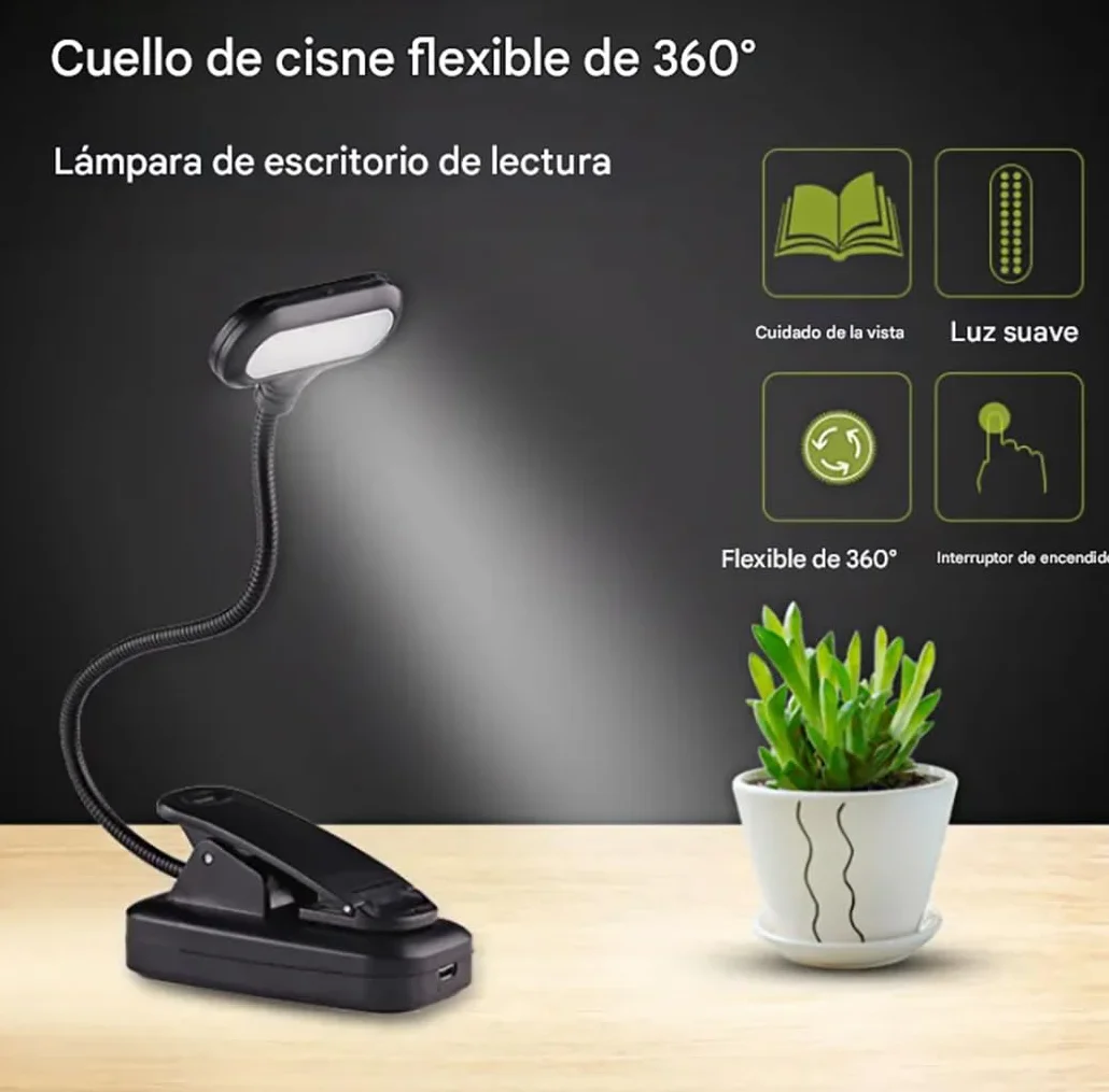 Lámpara portátil de lectura con pinza LED 5 luces, cuello flexible 360º, para noche cama escritorio infantil