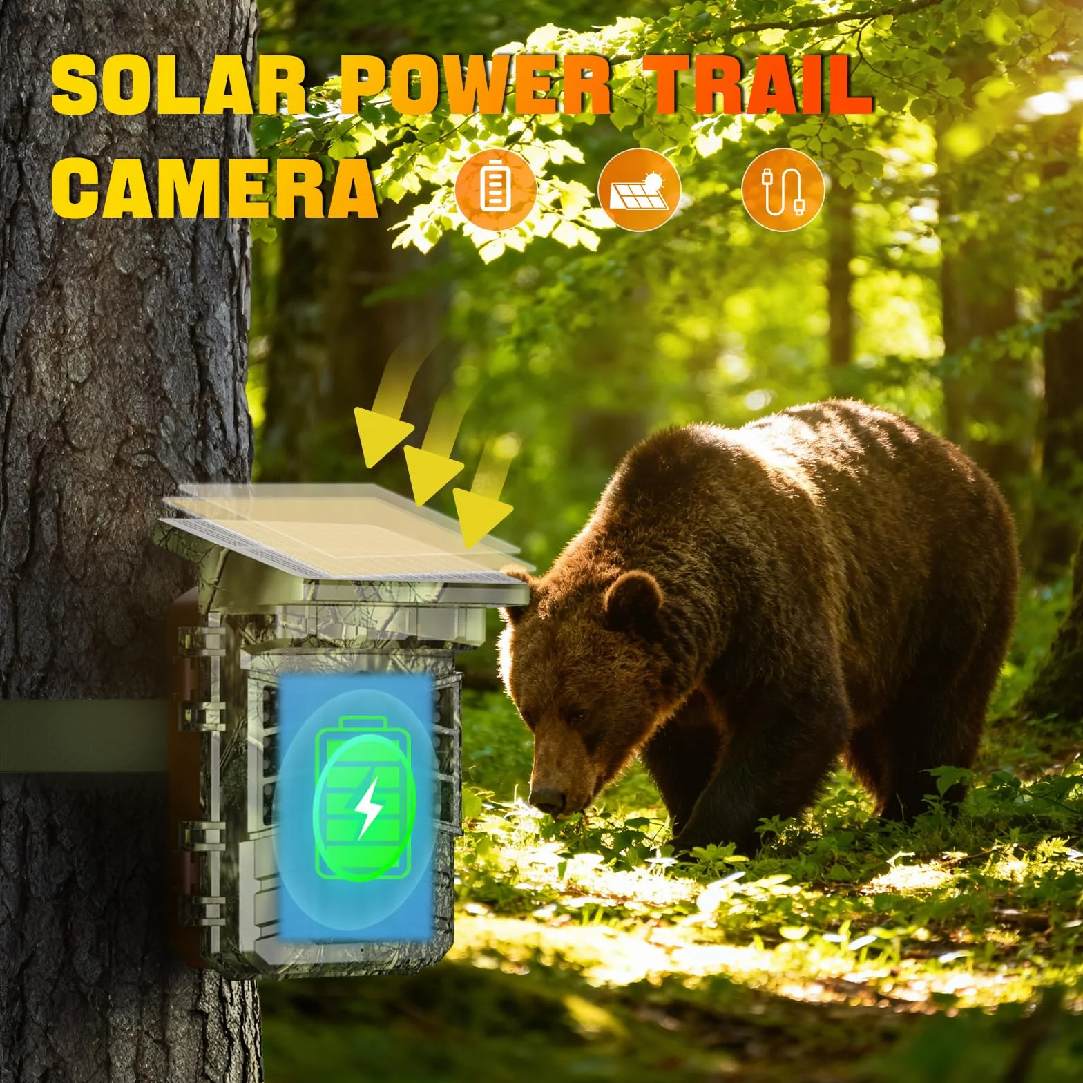 Cámara de caza solar WiFi 4K 60MP, 0,1s tiempo de activación activado por movimiento, cámara de caza con batería recargable integrada 2600 mAh, visión nocturna infrarroja, tarjeta 32GB