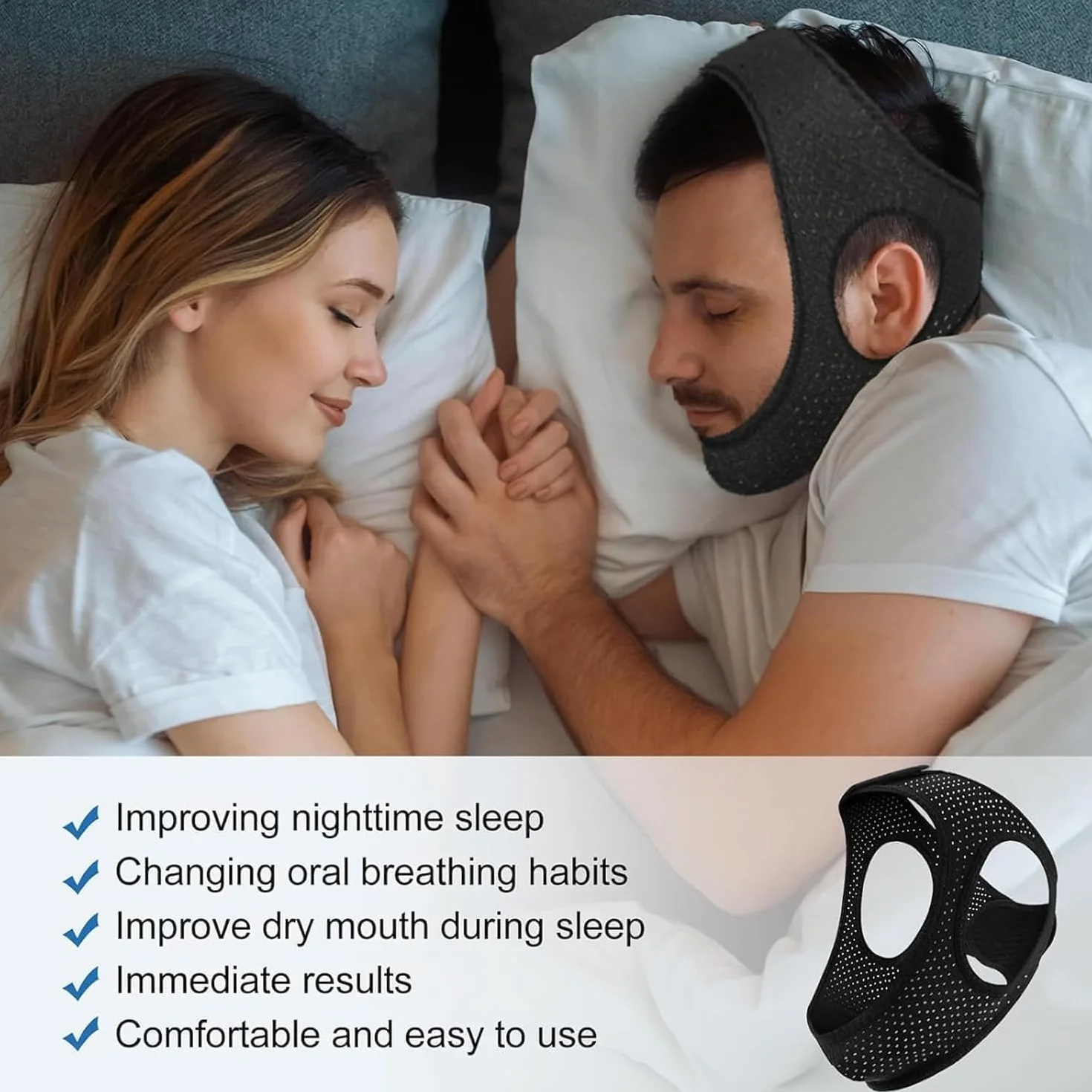 Dispositivo Antironquidos Ajustable Transpirable Suave para Dormir Mejor - Negro