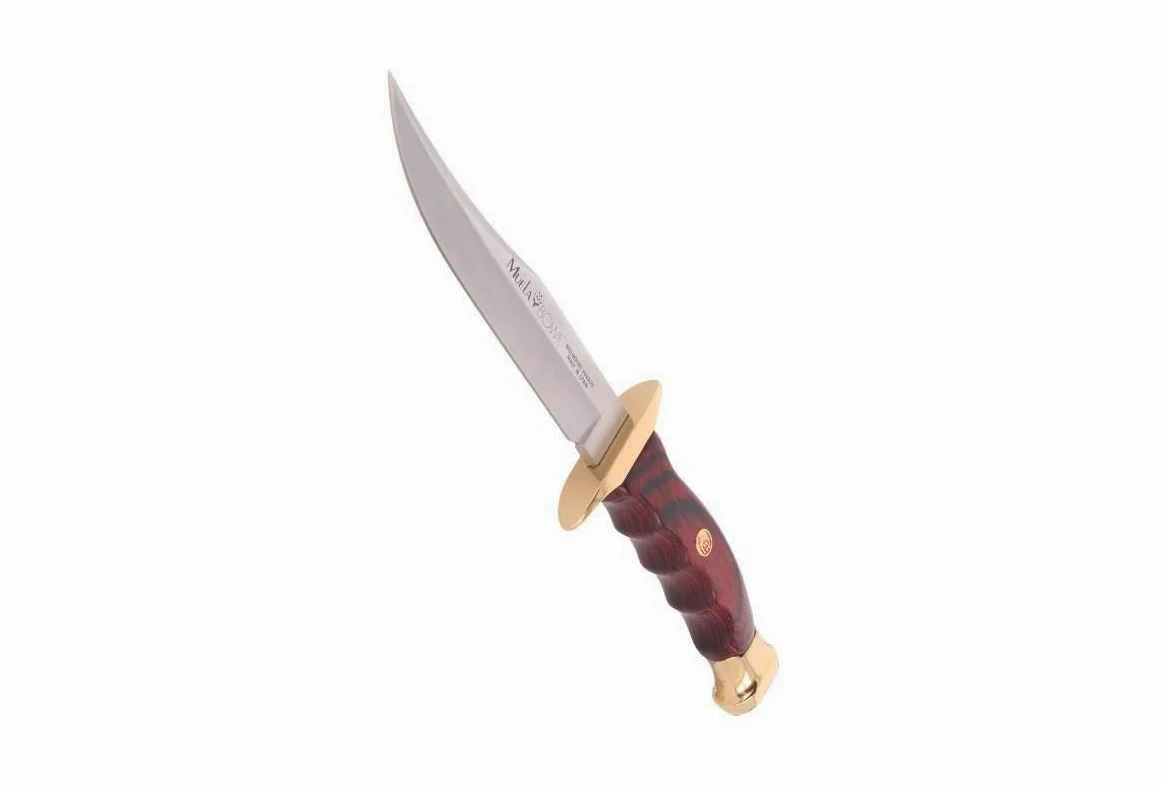 Muela Cuchillo de caza BW-14 con hoja de acero inoxidable ACX-380 de 14 cm y empuñadura de madera de coral para Caza, Pesca, Supervivencia y Bushcraft + Portabotellas de regalo