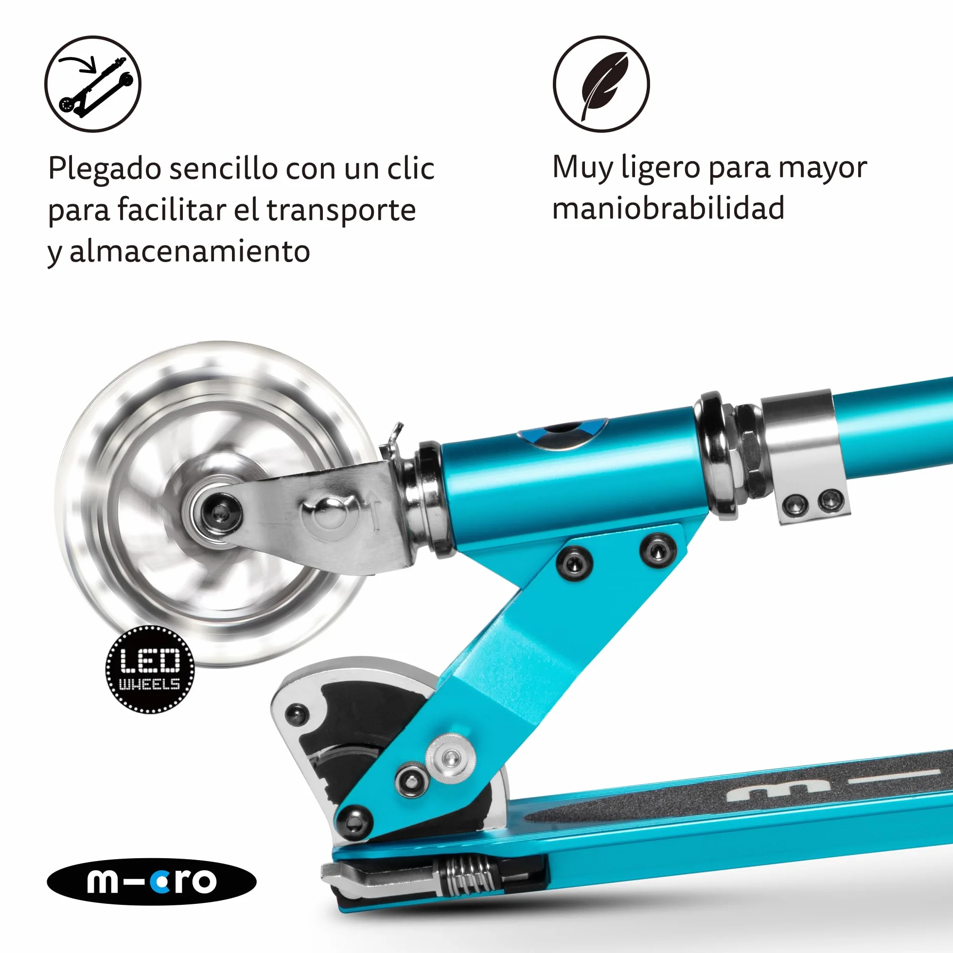 Micro® | Micro Sprite LED Scooter 2 Ruedas Niños | Patinete y Puños Plegables | Ruedas con iluminación LED | Ligero y Regulable en Altura | +5 Años | Niños y Niñas