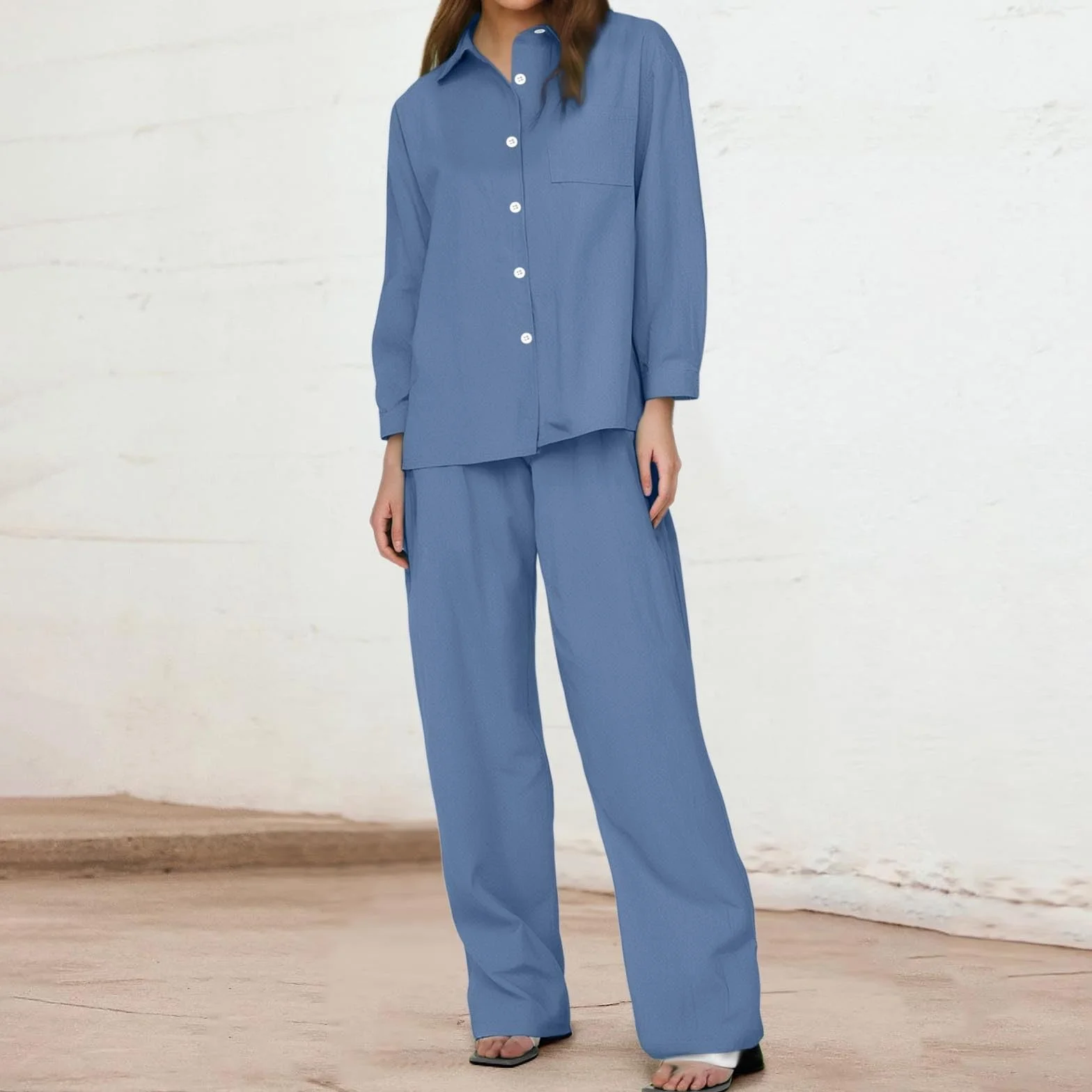 Traje de lino para mujer de dos piezas, pantalón manga larga, transpirable, elástico, pijama de casa ligero