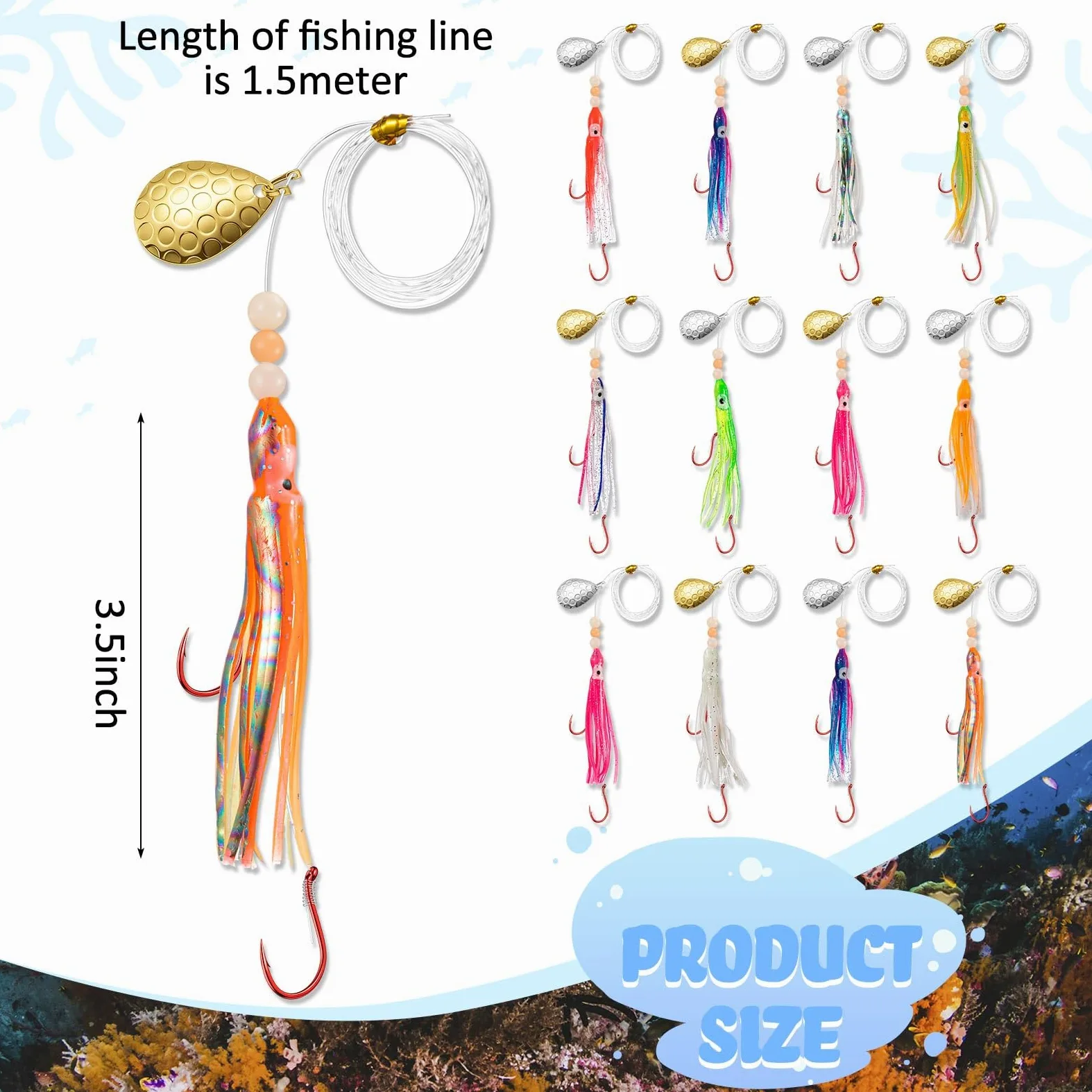 Glow Fresh Water Kokanee - Señuelos de salmón con ganchos de pulpo preaparejados, cuchillas giratorias, faldas sintéticas Kokanee Hoochies para pesca de salmón