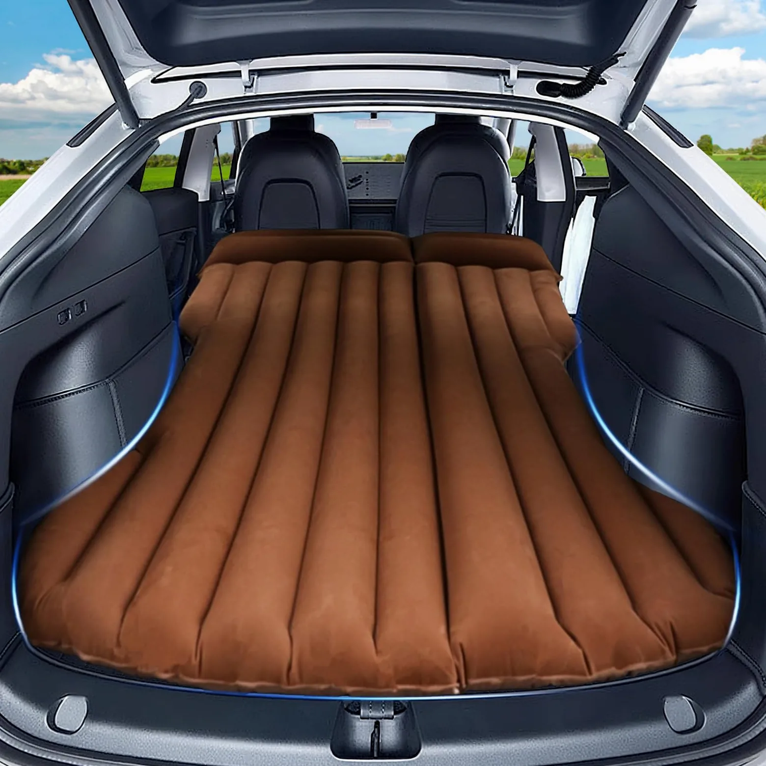 Colchón de Coche Inflable con Bomba de Aire y Almohada, Cama Portátil para Viajes y Camping, Grueso y Duradero (marrón)