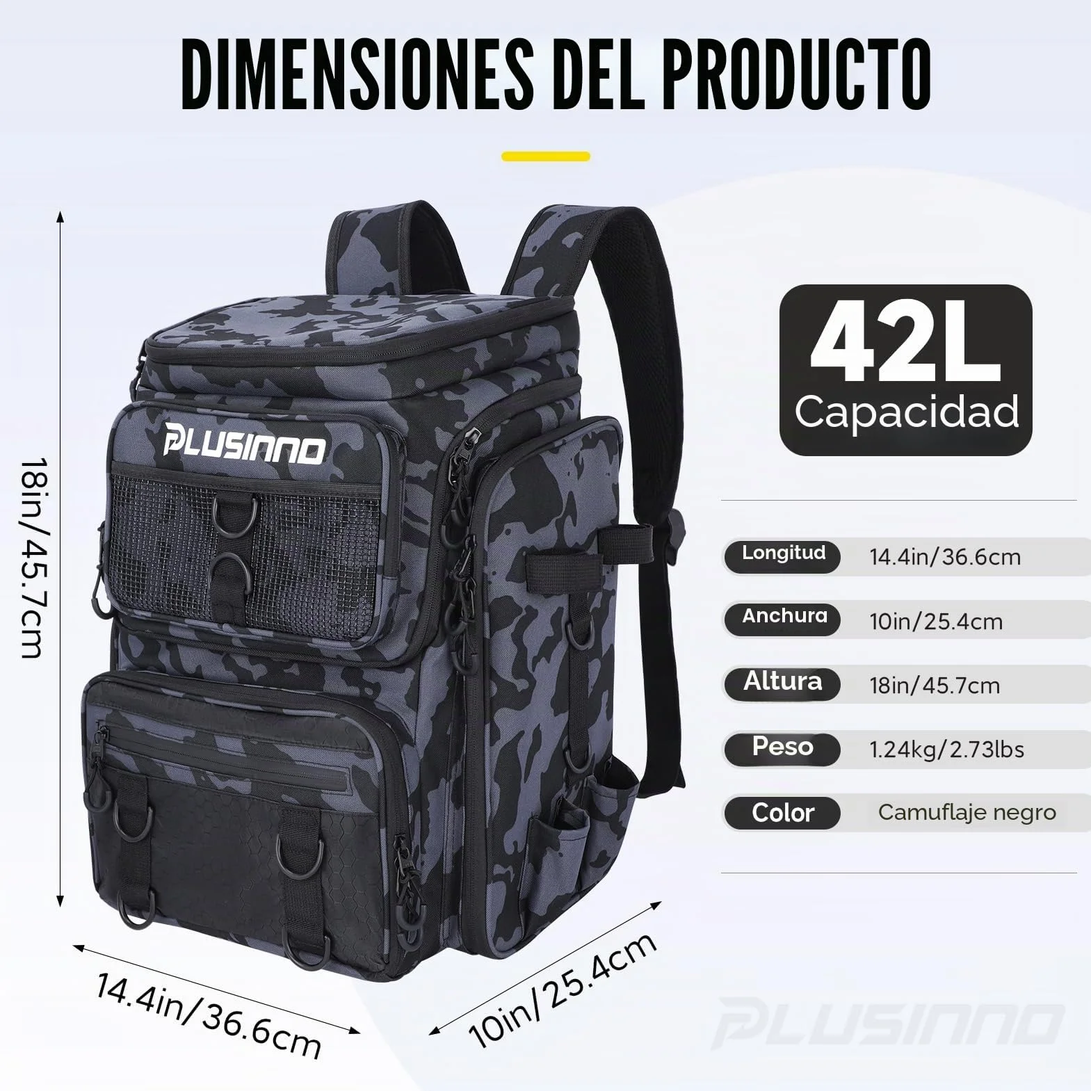 PLUSINNO Mochila para Aparejos de Pesca con Soportes para caña de Pescar, Camuflaje Negro.