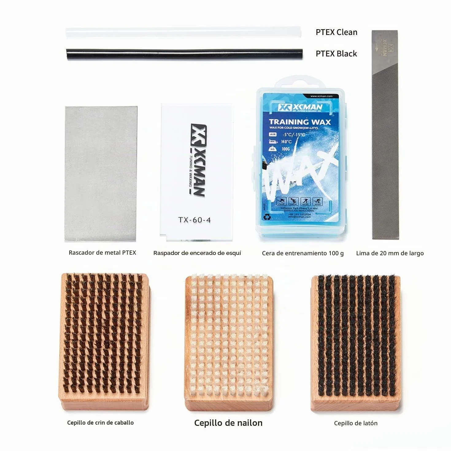 XCMAN Kit cepillo depilación afinación esquí snowboard nailon latón crin caballo raspador cera lima plana PTEX