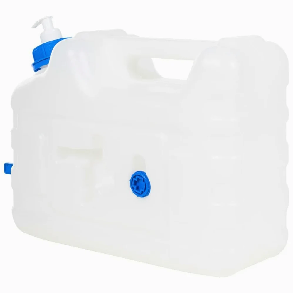 Depósito de agua con grifo y dispensador de jabón, 10 L, plástico transparente, apilable, con asa y cierre, ideal para camping, exterior, fiesta, senderismo, almacenamiento, caja organizadora
