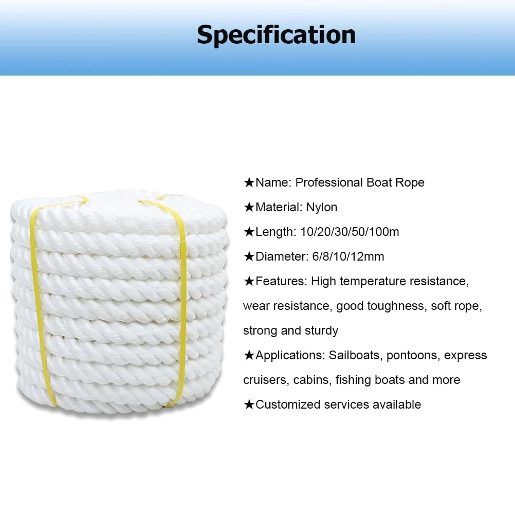 Línea de muelle trenzada doble, cuerda de nailon de tres hebras, utilidad resistente para amarre y remolque, ideal para navegación, vela y actividades acuáticas