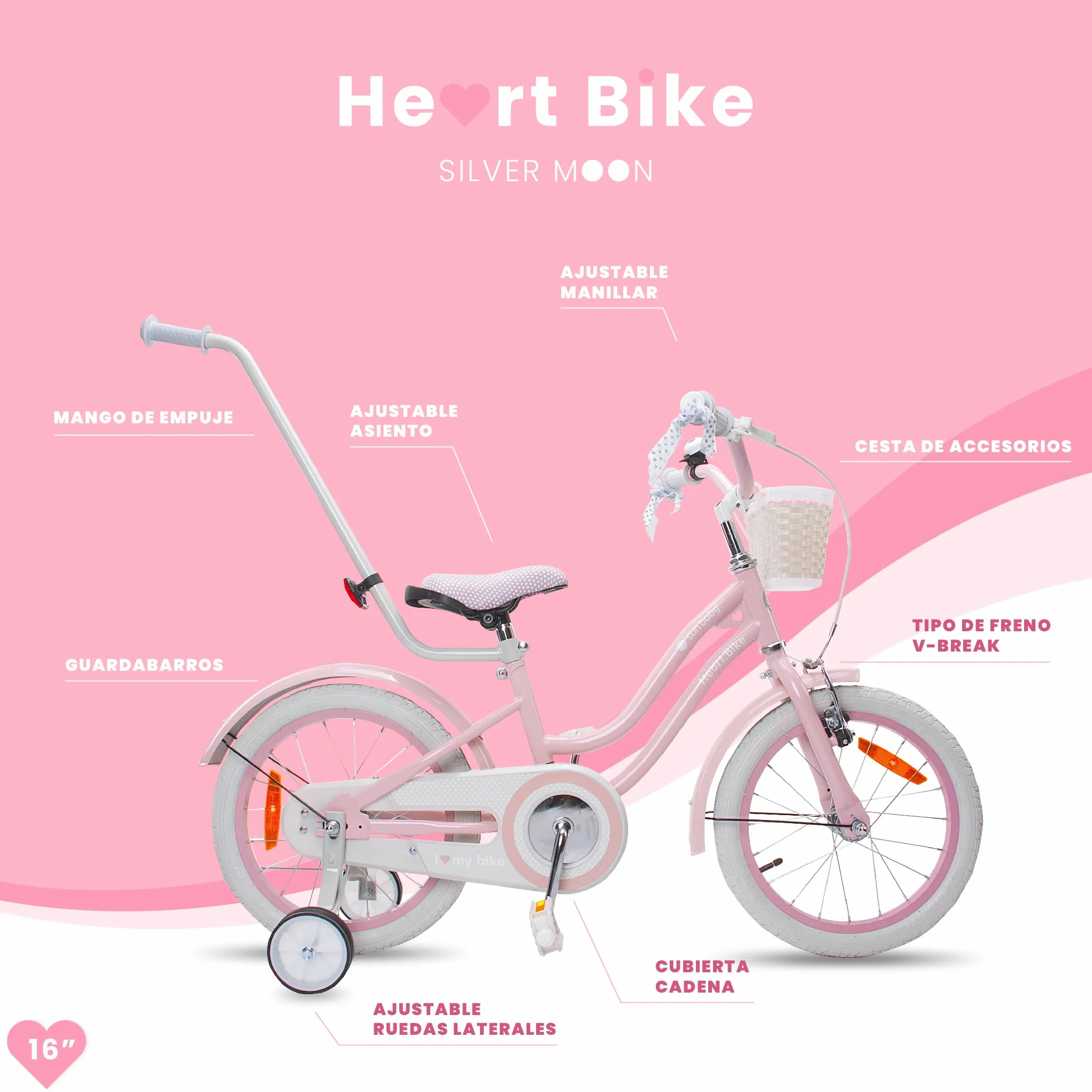 sun baby Heart Bike Bicicleta Infantil para niña 12/14/16 Pulgadas, con ruedines, Barra de Empuje, Cesta, Timbre, Freno contrapedal y V-Brake