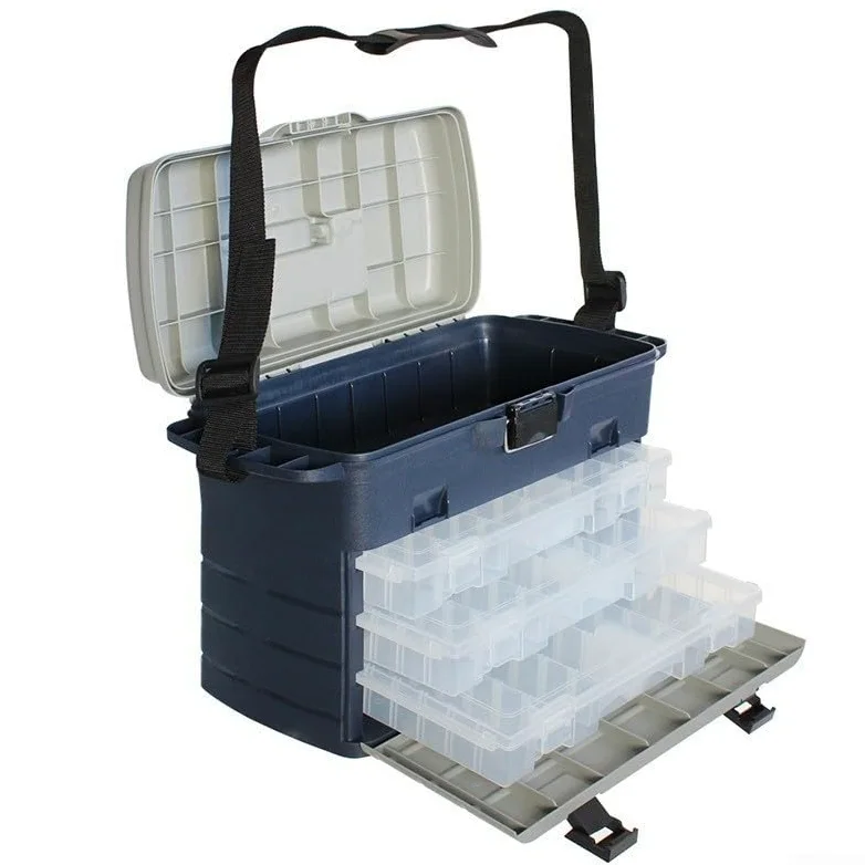 Caja de aparejos de pesca con sistema de tres capas, compartimentos ajustables para cebo y equipo