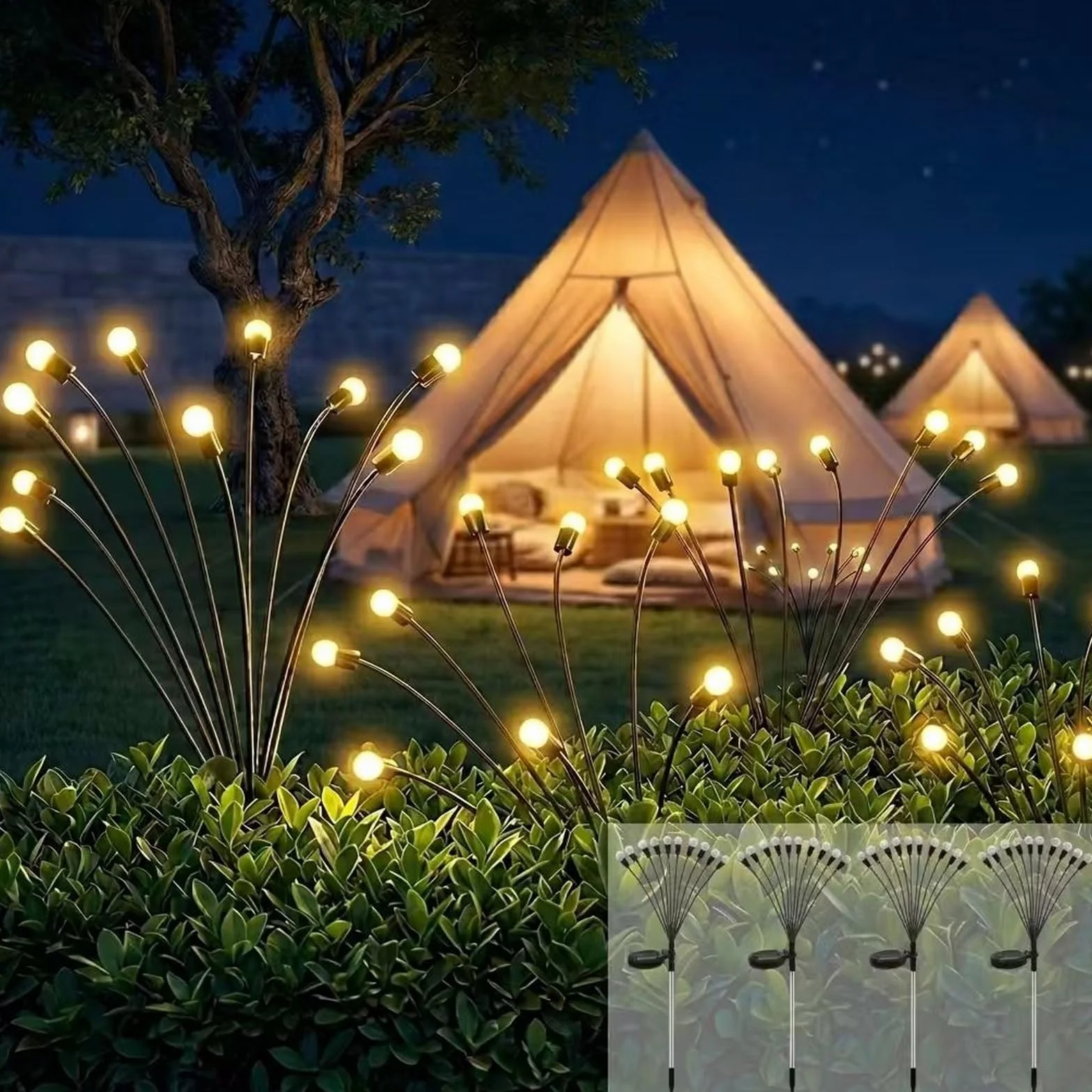 Luces Solares Luciérnaga Exterior 4 Piezas 10 LED Oscilantes IP65 Impermeables Jardín Patio Césped Balcón Blanco Cálido