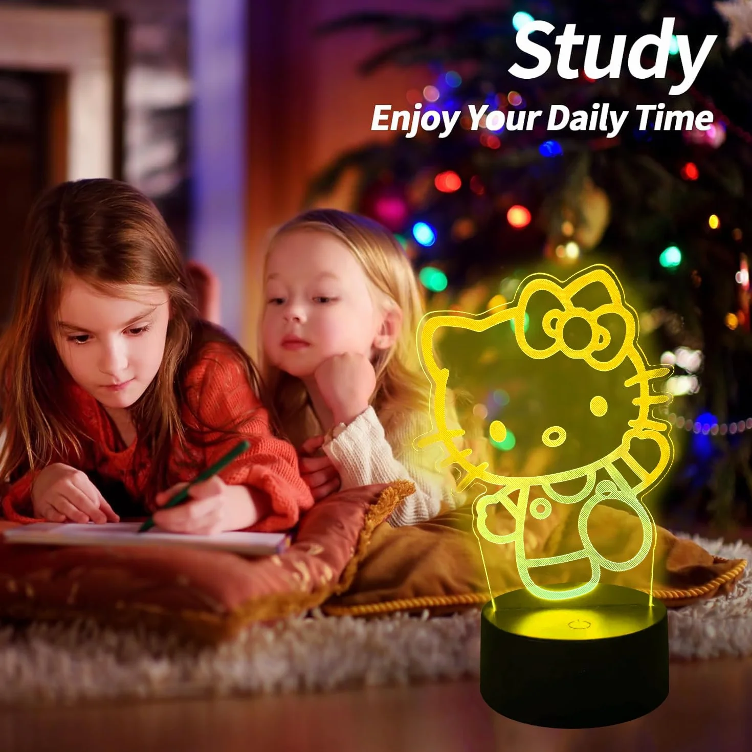 Lámpara Infantil 3D Tridimensional Gato Kitty, Control Táctil Inteligente 7 Colores LED, Accesorio Decorativo