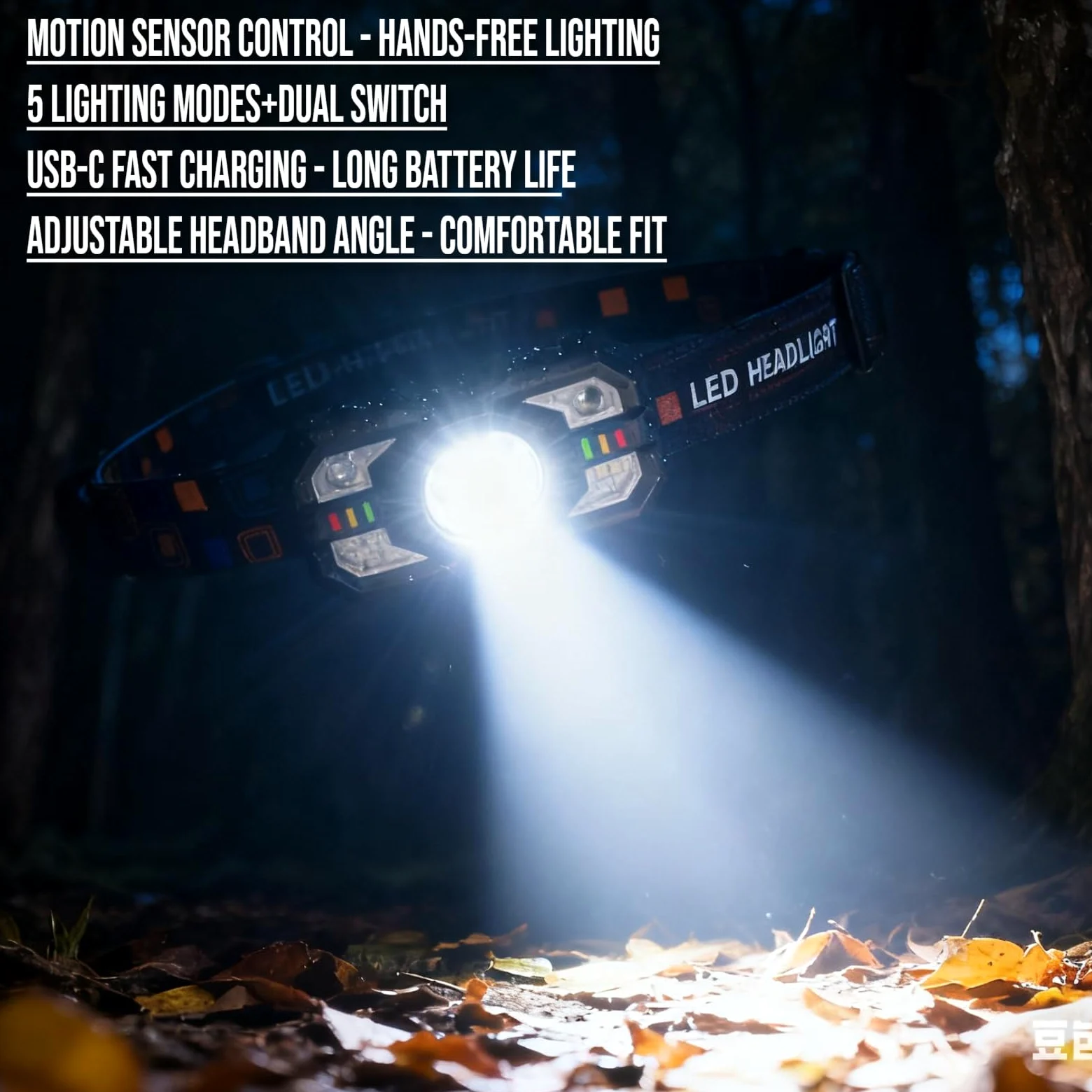 Linterna frontal recargable con sensor de movimiento, 5 modos de luz, carga rápida USB-C - Diadema ajustable para senderismo al aire libre, pesca nocturna, camping, iluminación manos libres