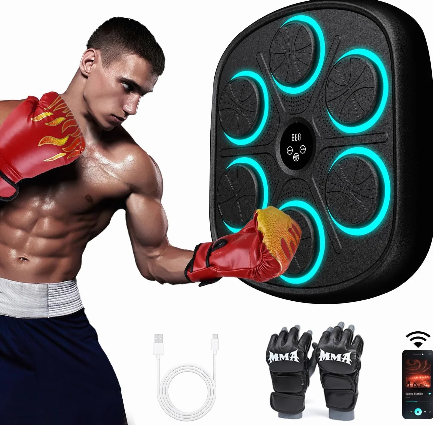 Maquina Boxeo Musical Pared Bluetooth 9 Velocidades Recuento Golpes Luces Ritmo Musica Incluye Guantes