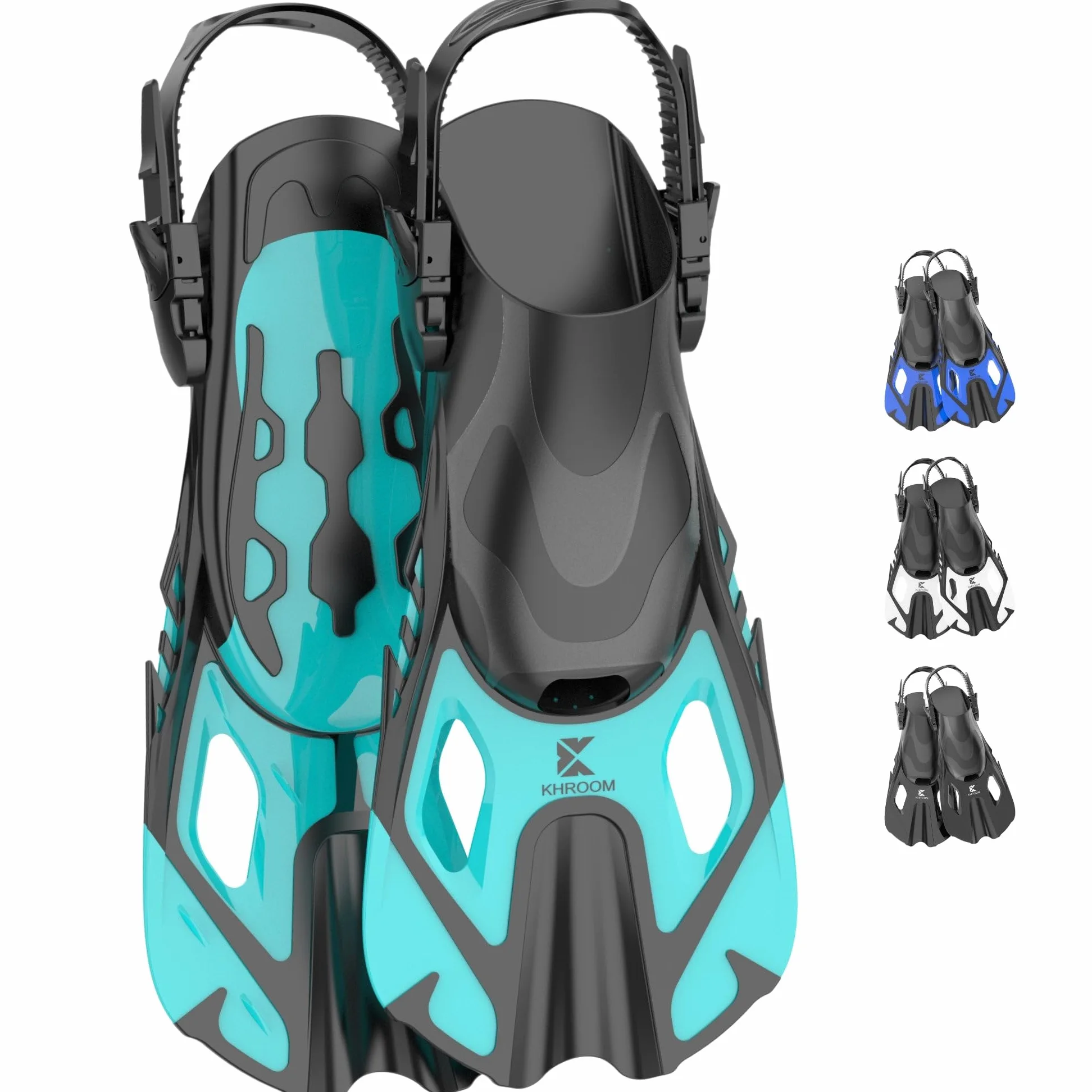 Khroom aletas cortas adultos / niños talla 32-47 | aletas de snorkel ajustables cortas | aletas de natación aletas cortas para snorkel | aletas de buceo ajustables para nadar / bucear turquesa (42-47)