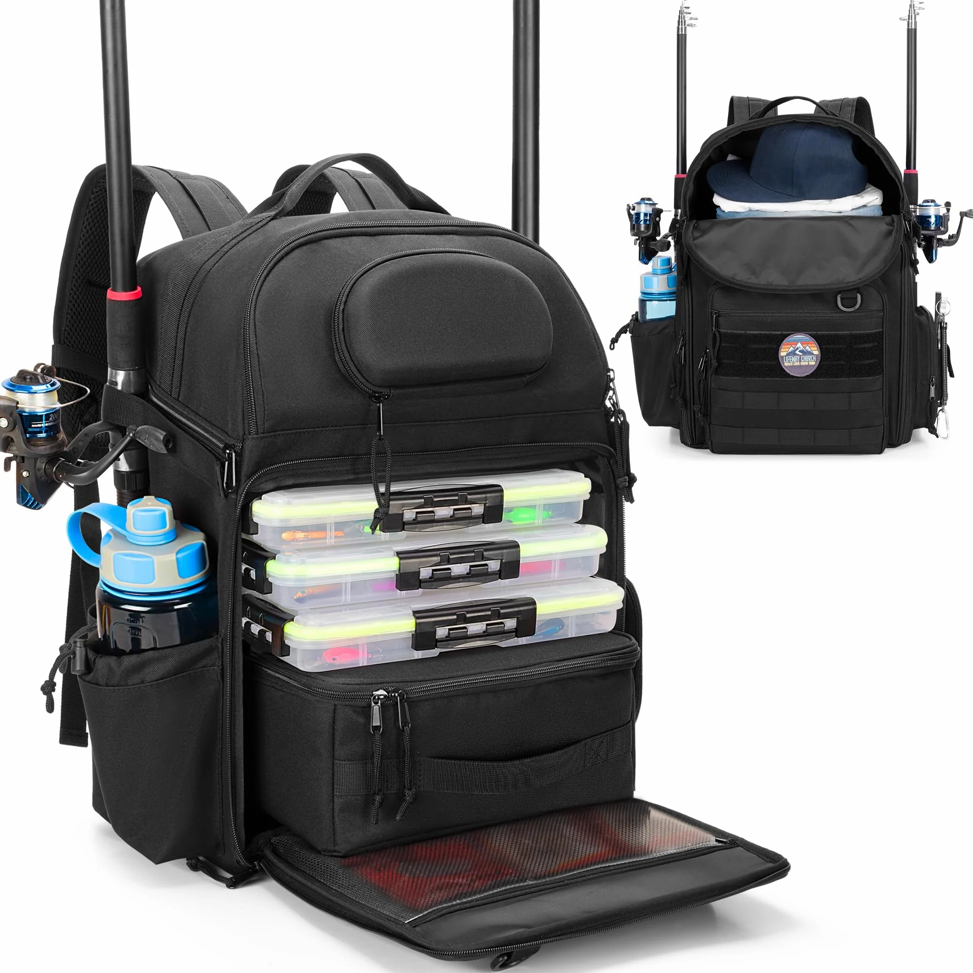 Rexmica Mochila de Pesca para 2 Cañas y Carretes, Bolsa para Cañas con Compartimentos para Cajas de Aparejos, Ideal para Pesca, Senderismo, Camping y Trekking, Negro (Solo Bolsa)