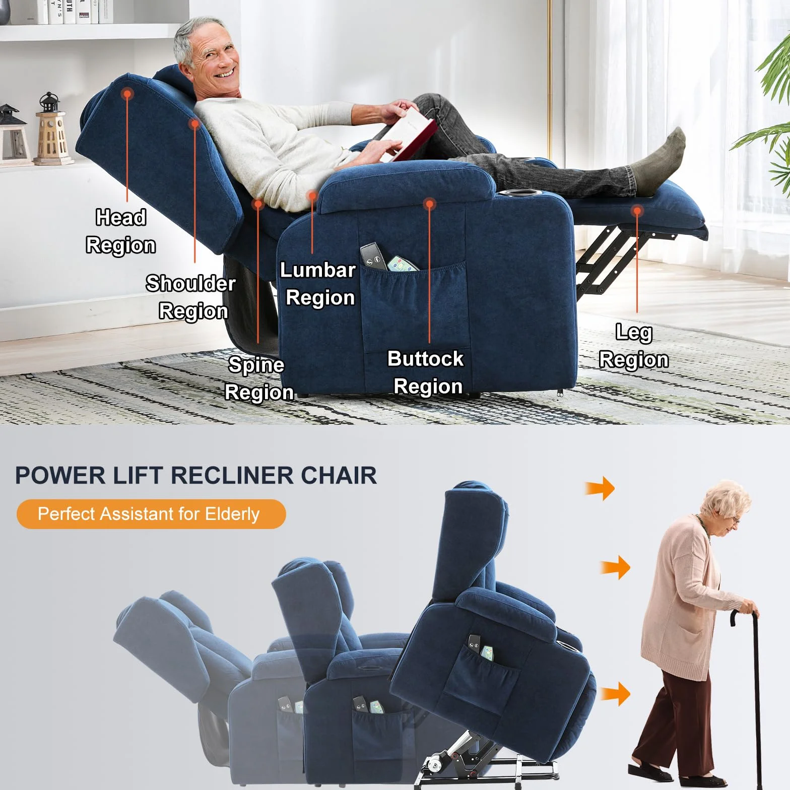 COMHOMA Sillón Relax Masaje Reclinable Eléctrico de Tela con 8 Puntos de Masaje Vibrante, Poltrona Reclinável Azul