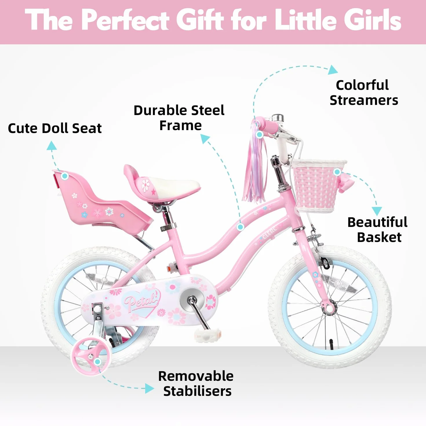 Glerc Bicicleta Infantil 12 14 16 Pulgadas Estilo Princesa para Niñas 2-8 Años con Pompones Cesta Ruedines Rosa Azul Lila Melocotón