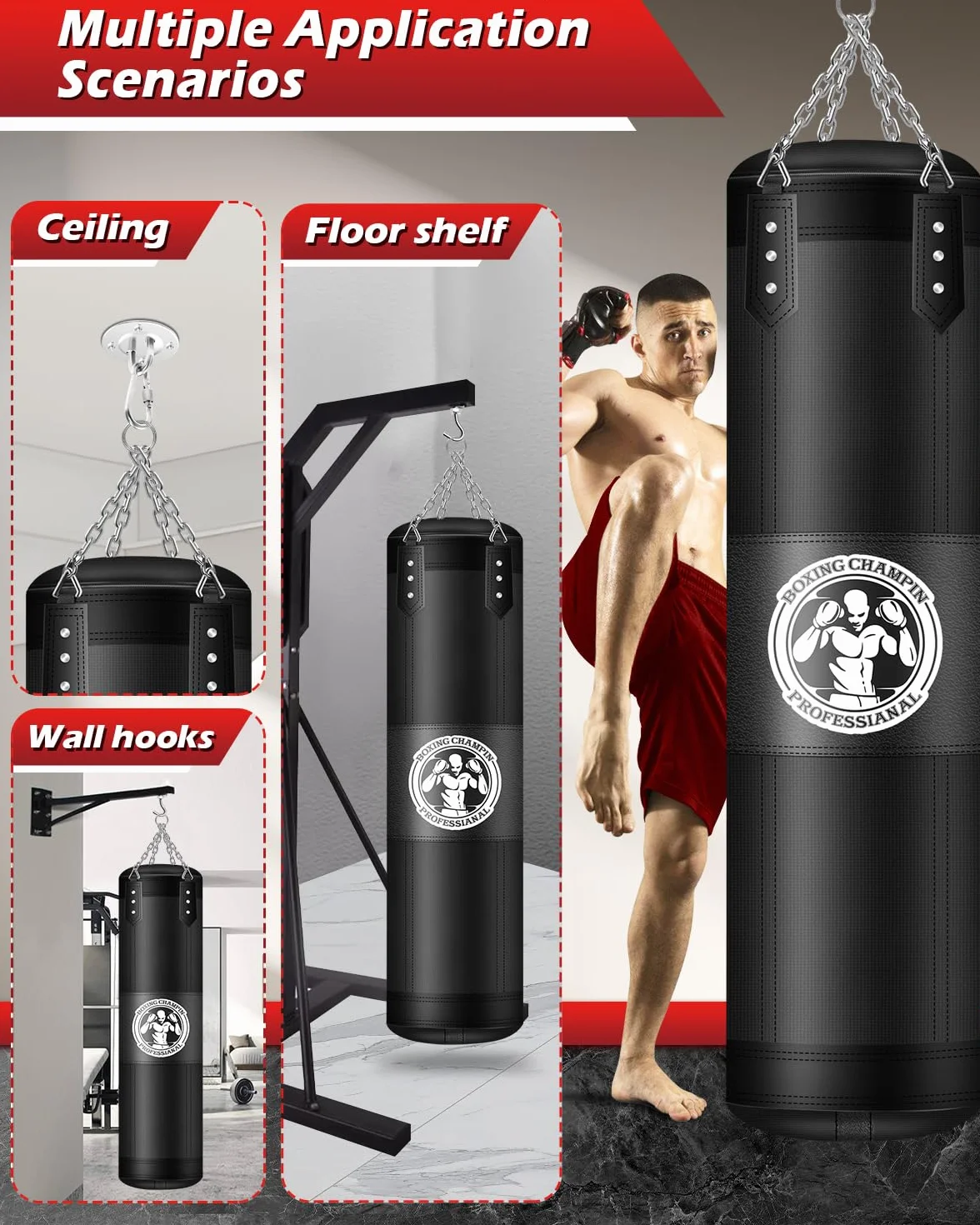Sacco da Boxe 120cm per Adulti Appendere, Punching Bag per Kickboxing Muay Thai Karate