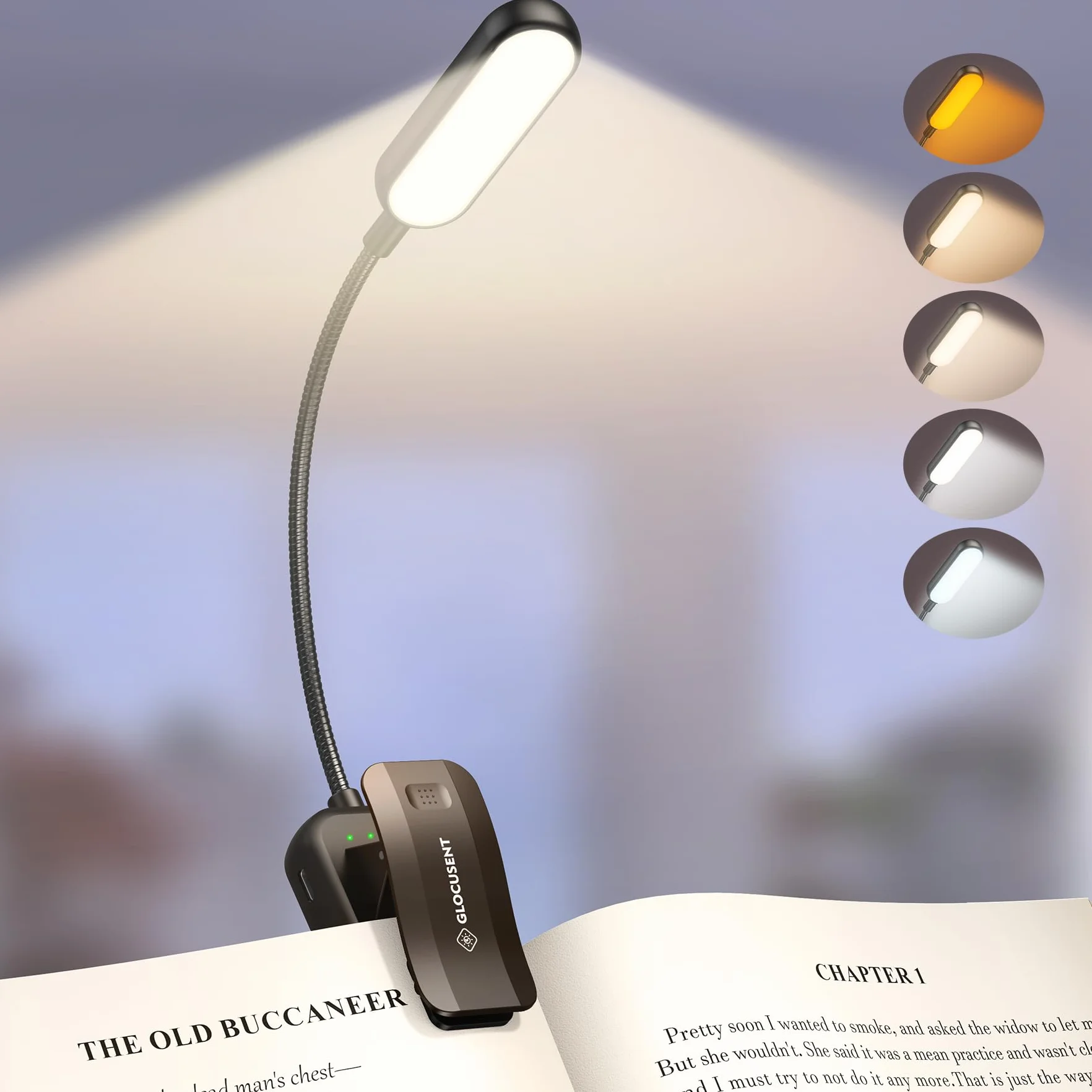 Glocusent Luz de Lectura Recargable con 20 LED, 5 Modos, Ajustable, Batería Larga, Lámpara de Libros para Noche (Negro)