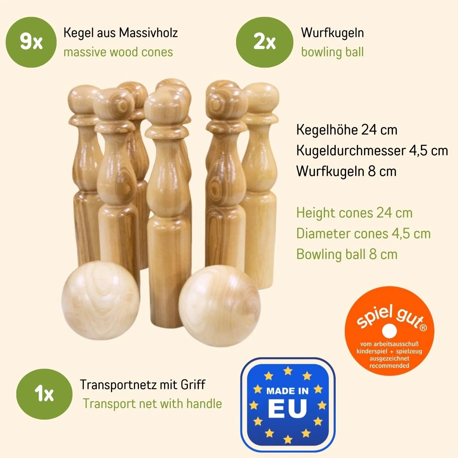 GICO Juego de Conos de Bolos de Madera para niños y Adultos, diversión en Interiores y Exteriores, con Productos de Calidad de Madera Maciza, 24 cm – 3018