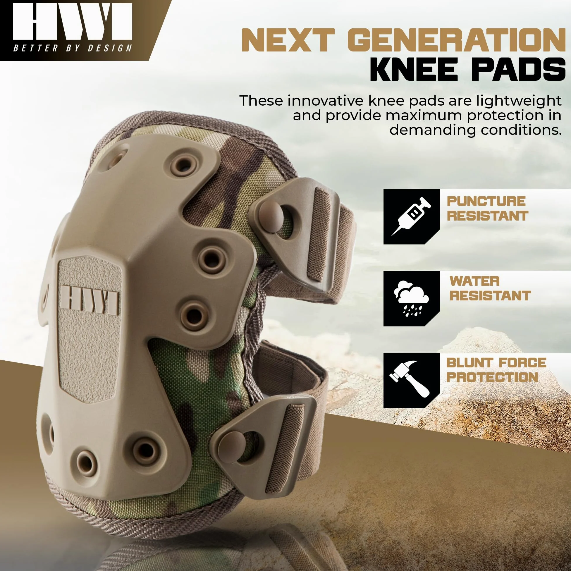 HWI Gear Rodilleras de última generación para protección: combate, mecánico, construcción, caza, paisajismo, supervivencia al aire libre, resistente, calidad industrial, ajustable