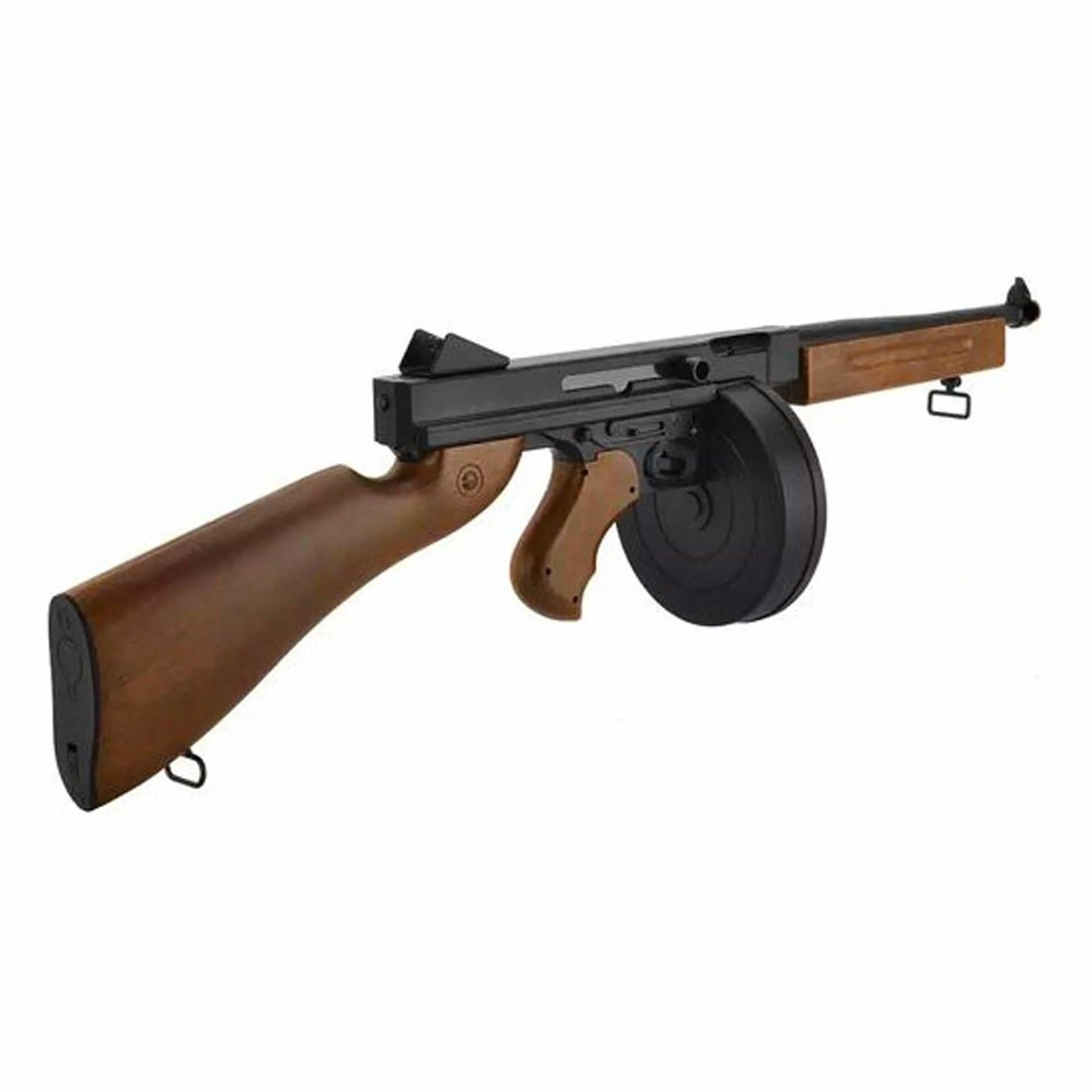 Embalaje Rifle de Airsoft Modelo D98 Estilo Chicago/Modelo eléctrico/Colores: Negro y Madera/Materiales: plástico de Alta Resistencia/Potencia 0,5 Julios/Se suministra con Accesorios