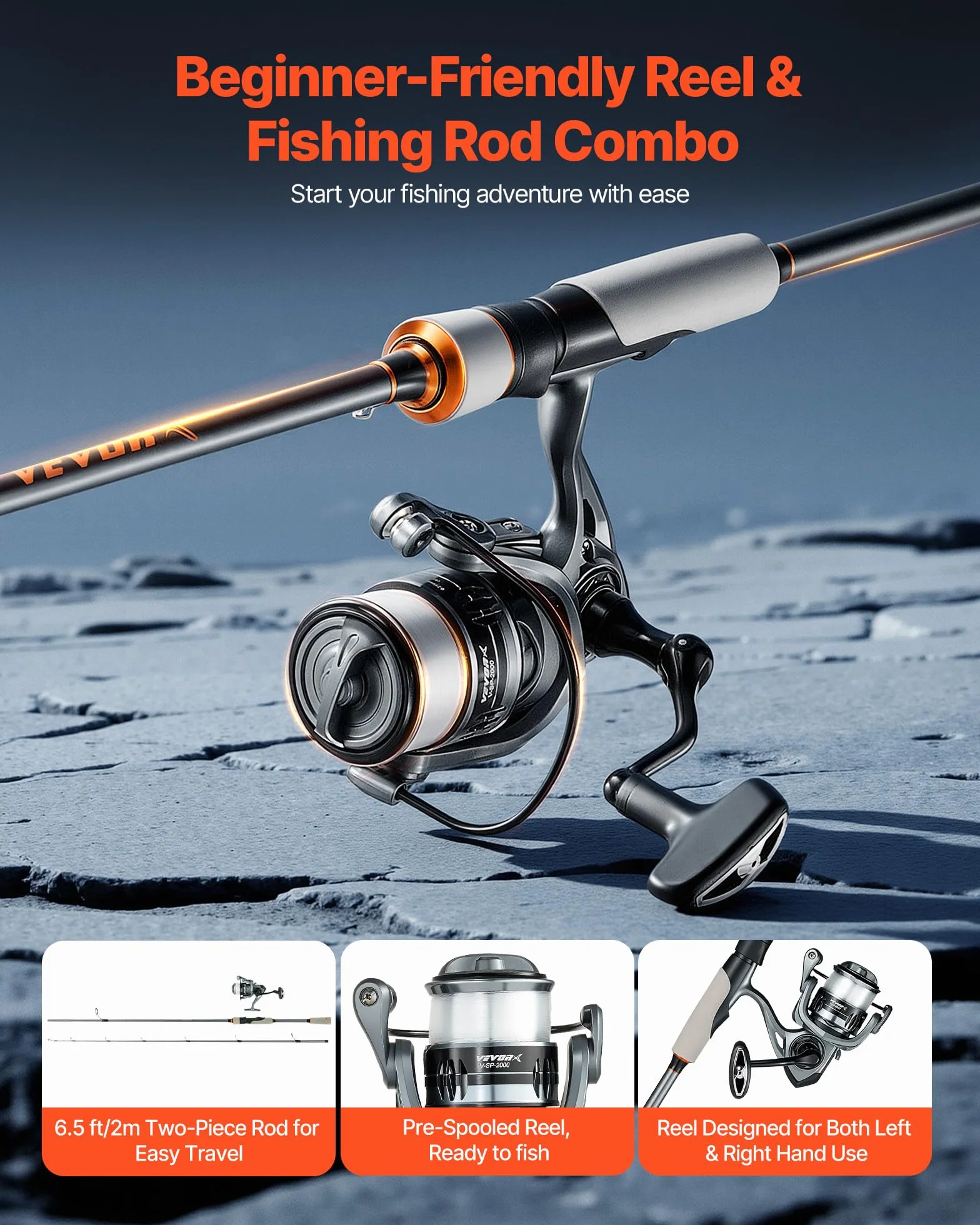 VEVOR Juego de Caña y Carrete Giratorio de Pesca, Caña de Dos Piezas de 2 m de Fibra de Vidrio y Fibra de Carbono, Rodamientos de Bolas 6+1, para Pesca en Agua Salada y Dulce, 2010 x 150 x 150 mm