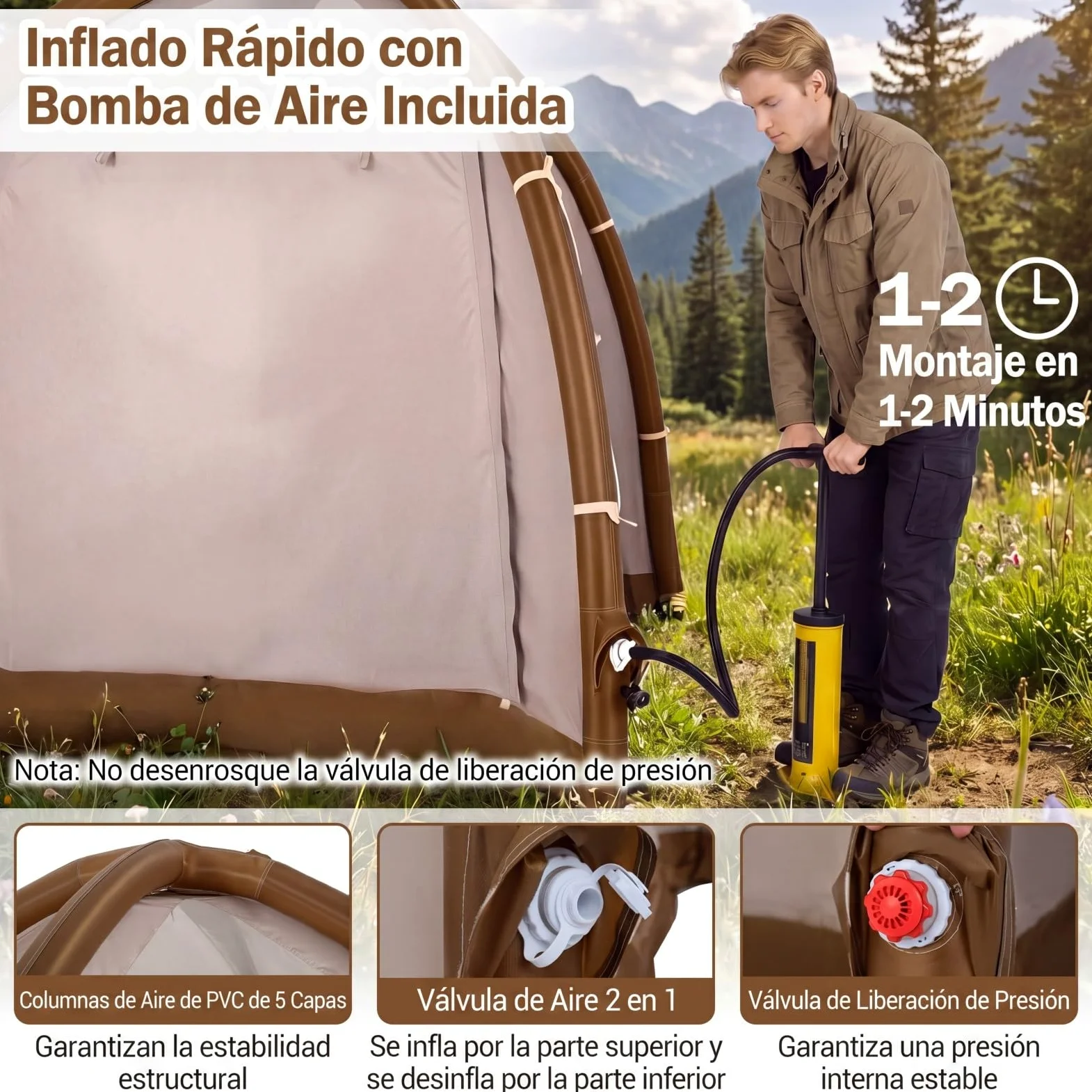 COSTWAY Tienda de Campaña para 2-4 Persona, Tienda de Campaña Hinchable con Bomba de Aire, Puertas y Ventanas de Malla, Estacas y Cuerdas de Sujeción, Bolsa de Transporte, 208 x 208 x 196 cm
