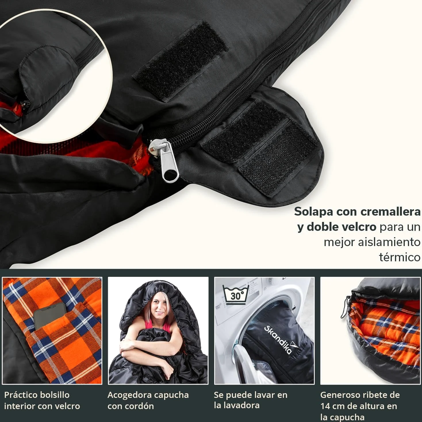 Skandika Saco de dormir Vegas franela | XXL de saco de dormir momia | Sleeping Pod | 220 x 110 cm, ranura para de cremallera, franela de lujo Forro | acoplable (Negro)