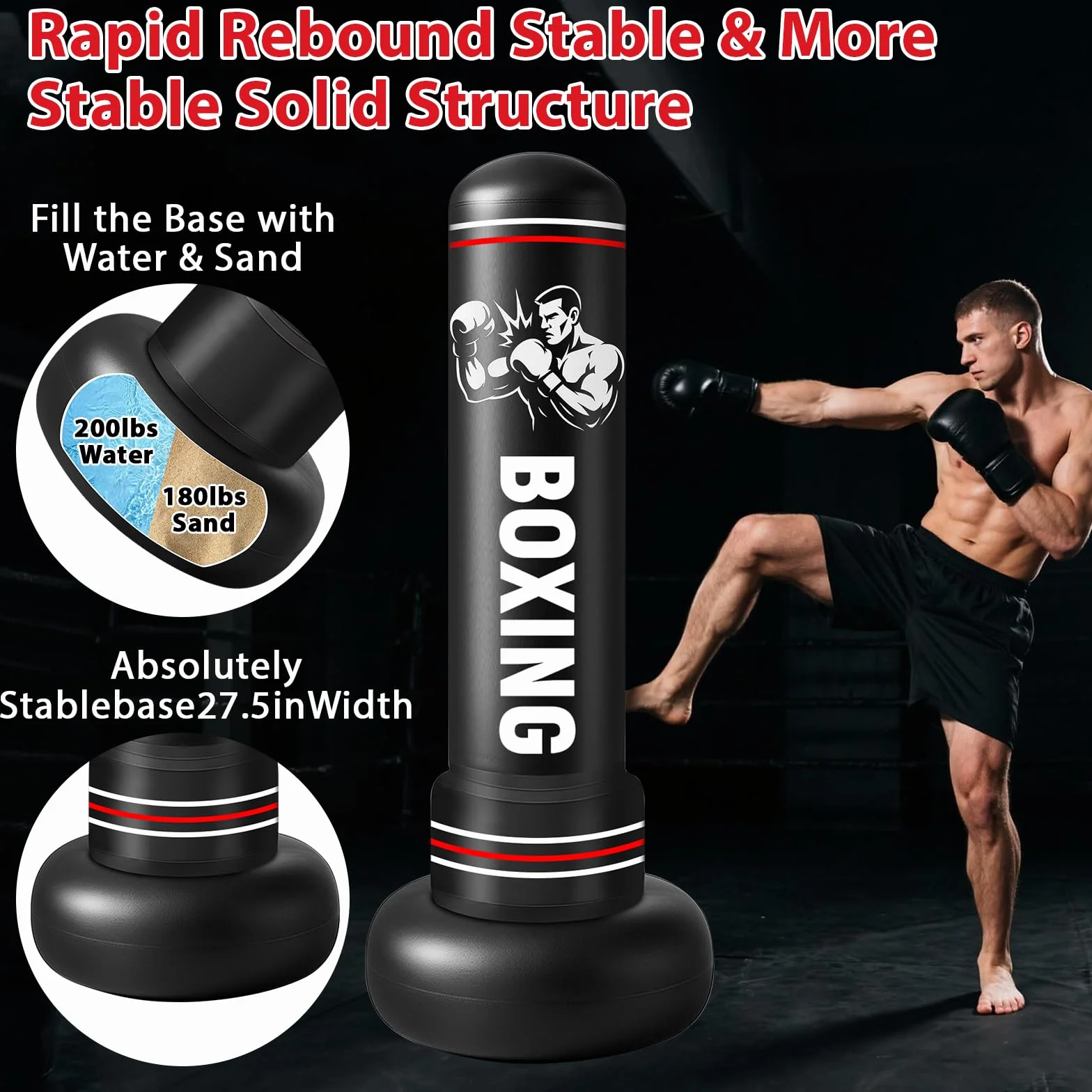 Saco de Boxeo Adultos, 190cm Sacos de Boxeo de Pie on Guantes y Bomba de Aire, Punching Ball Inflable Entrenamiento para Karate, Kickboxing, PVC Fitness Boxeo Regalo Ideal