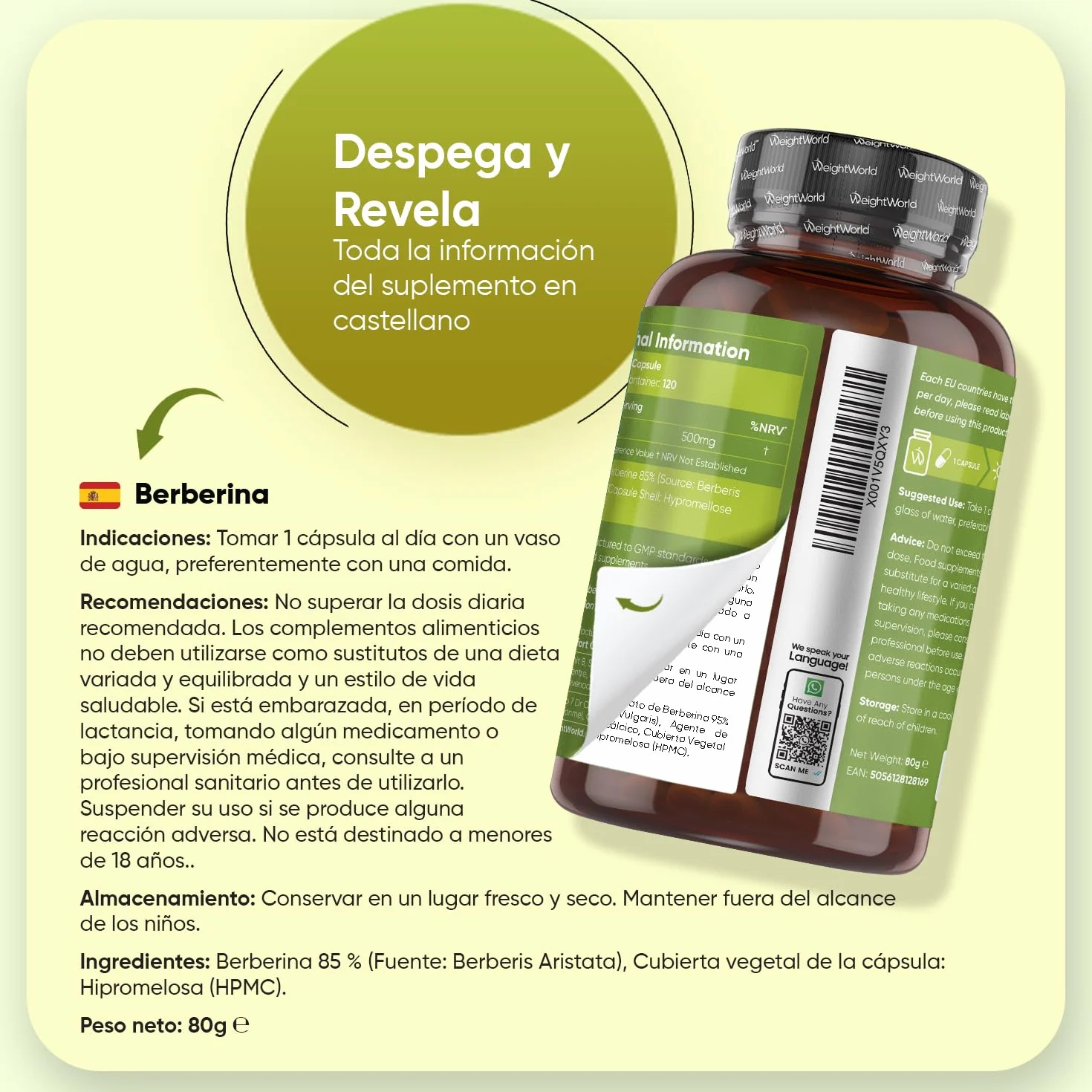 Berberina 500mg 120 Cápsulas 85% Alcaloides Suplemento Vegano Sin Gluten