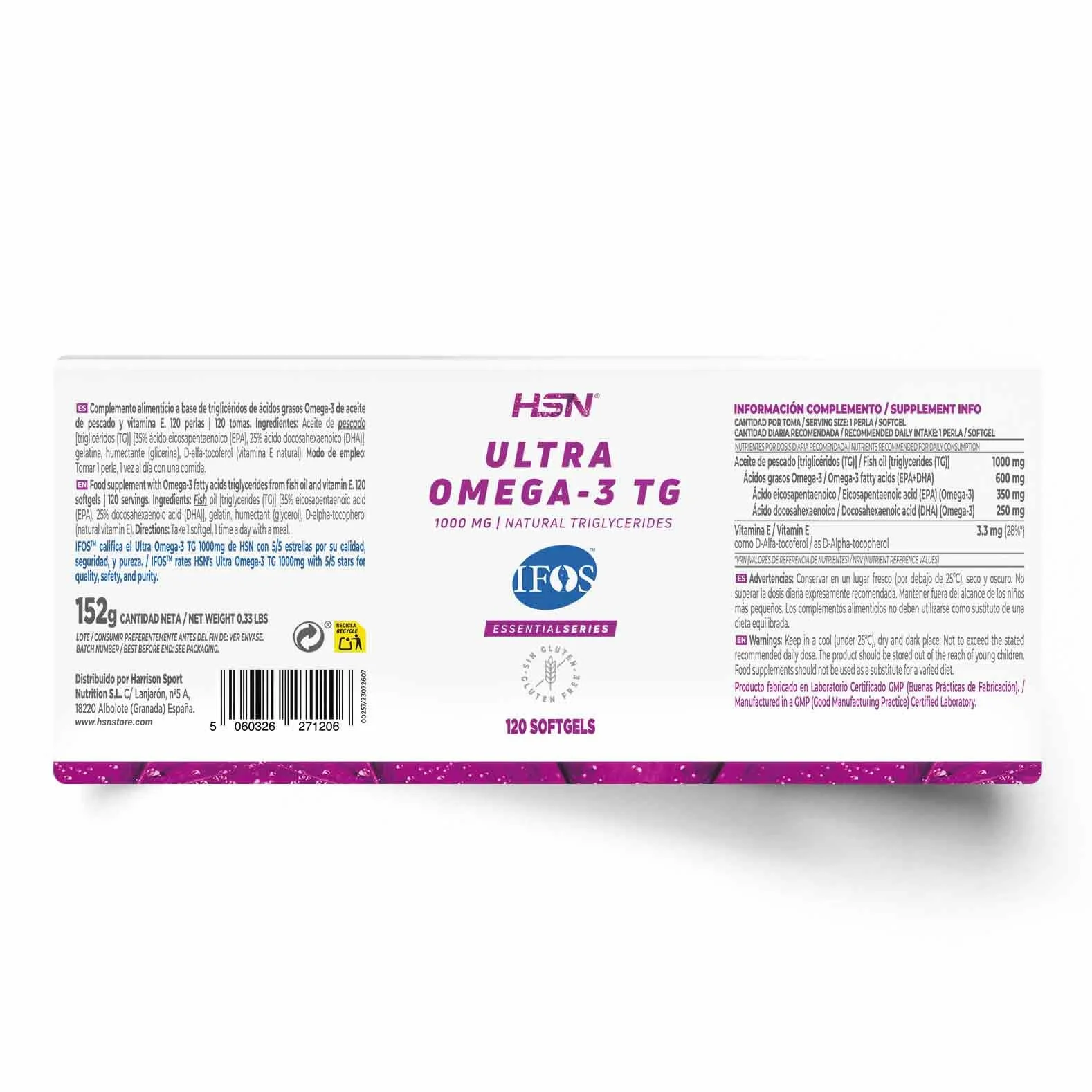 HSN Ultra Omega 3 TG IFOS 5 Estrellas 120 Perlas 1000mg Aceite de Pescado EPA 350mg DHA 250mg Triglicéridos